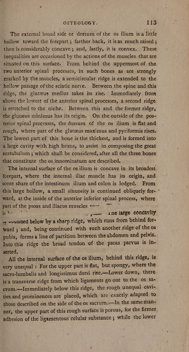 The external broad side or ‘dorsum of the os ilium isa little hollow toward the forepart ; farther back, it isas much raised ; then is considerably concave; and, lastly, it is convex. These inequalities are occasioned by the actions of the muscles that are situated on this surface. From behind the uppermost of the two anterior spinal processes, in such bones as are strongly marked by the muscles, a semicircular ridge is extended to the hollow passage of the sciatic nerve. Between the spine and this ridge, the gluteus medius takes its rise. Immediately from above the lowest of the anterior spinal processes, a second ridge is stretched to the niche. Between this and the former ridge, the gluteus minimus has its origin. On the outside of the pos- terior spinal processes, the dorsum of the os ilium is flat and rough, where part of the gluteus maximus and pyriformis rises. The lowest part of this bone is the thickest, and is formed into a large cavity with high brims, to assist in composing the great acetabulum ; which shall be considered, after all the three bones that constitute the os innominatum are described. The internal surface of the os ilium is concave in its broadest forepart, where the internal iliac muscle has its origin, and some share of the intestinum ilium and colon is’ lodged. From this large hollow, asmall sinuosity is continued obliquely for- ward, at the inside of the anterior inferior spinal process, where part of the psoas and iliacus muscles nace 7” 2 fe _ wor ane latge concavity ex ~vunded below by a sharp ridge, which runs from behind for- ward ; and, being continued with such another ridge of the os bibs, forms a line of partition between the abdomen and pelvis. Into this ridge the broad tendon of the psoas parvus is in- serted. All the internal surface of the os ilium, behind this ridge, is yery unequal ; For the upper part is flat, but spongy, where the sacro-lumbalis and longissimus dorsi rise.—Lower down, there is a transverse ridge from which ligaments go out to the 0s Sda- crum.—Immediately below this ridge, the rough unequal cavi- ties and prominences are placed, which are exactly adapted to those described on the side of the os sacrum.—TIn the same man- ner, the upper part of this rough surface is porous, for the firmer adhesion of the ligamentous celular substance ; while the lower