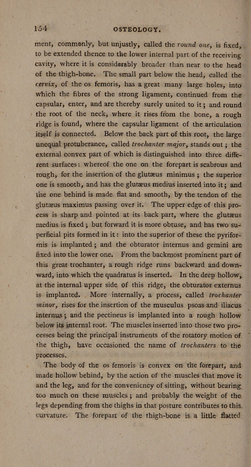 ment, commonly, but unjustly, called the round one, is fixed, to be extended thence to the lower internal part of the receiving cavity, where it is considerably broader than near to the head of the thigh-bone. The small part below the head, called the cervix, of the os femoris, has a great many large holes, into which the fibres of the strong ligament, continued from the capsular, enter, and are thereby surely united to it; and round the root of the neck, where it rises from the bone, a rough ridge is found, where the capsular ligament of the articulation itself is connected. Below the back part of this root, the large unequal protuberance, called trochanter major, stands out ; the external convex part of which is distinguished into three diffe- rent surfaces: whereof the one on the forepart is scabrous and rough, for the insertion of the gluteus minimus ; the superior one is smooth, and has the gluteus medius inserted into it; and the one behind is made flat and smooth, by the tendon of the glutzus maximus passing over it. The upper edge of this pro- cess is sharp and pointed at its back part, where the gluteus medius is fixed; but forward it is more obtuse, and has two su- perficial pits formed in it: into the superior of these the pyrifor- mis is implanted; and the obturator internus and gemini aré fixed into the lower one. From the backmost prominent part of this great trochanter, a rough ridge runs backward and down- ward, into which the quadratus is inserted. In the deep hollow,. at the internal upper side of this ridge, the obturator externus. is implanted. . More internally, a process, called trochanter minor, rises for the insertion of the musculus. psoas.and iliacus: internus; and the pectineus is implanted into a rough hollow below its internal root. The muscles inserted into those two pro-. cesses being the principal instruments of the rotatory motion of. the thigh, have occasioned the name of érochanters to the processes. The body of the os femoris is convex on tlie forepart, and: made hollow behind, by the action of the muscles-that. move it: and the leg, and for the conveniency of sitting, without bearing. too much on these muscles; and probably the weight of the. legs depending from the thighs in that posture contributes to this. curvature. The forepart of the thigh-bone is a little flatted