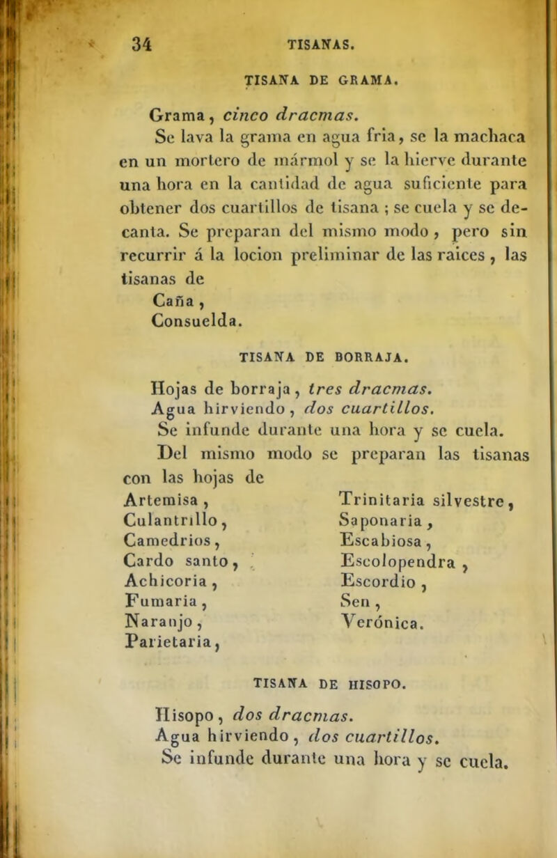 r TISANA DE GRAMA. Grama, cinco dracmas. Se lava la grama en agua fría, se la machaca en un morlero de mármol y se la hierve durante una hora en la cantidad de agua suficiente para obtener dos cuartillos de tisana ; se cuela y se de- canta. Se preparan del mismo modo , pero sin recurrir á la loclon preliminar de las ralees , las tisanas de Caña , Consuelda. TISANA DE BORRAJA. Hojas de borraja , tres dracmas. Agua hirviendo , dos cuartillos. Se infunde durante una hora y se cuela. Del mismo modo se preparan las tisanas con las hojas de Artemisa , Culantrillo, Camedrios, Cardo santo, . Achicoria , Fumaria , Naranjo, Parietaria, Trinitaria silvestre, Saponaria , Escabiosa, Escolopendra , Escordio , Sen , Verónica. TISANA DE HISOPO. Hisopo, dos dracmas. Agua hirviendo, dos cuartillos. Se infunde durante una hora y se cuela.