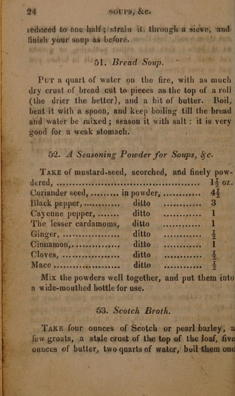 redaced to one -halfs:strain i; asia a en, gone: fates ine id as before. at : bef *Oie' Brendspoup: eee Pout a quart of water on the Bs, with as much dry crust of bread cut to pieces asthe top of a roll (the drier the better), and a bit of butter. Boil, beat it with a spoon, and keep boiling till the bread and water be mixed; season it with salt: it is very good for a weak stomach. : 52. A Seasoning Powder for Soups, §c. Take of mustard-seed, scorched, and finely pow- DEtRAy cony is ove ia cae ebe edhe chy us bes ennh heaew) Meee Coriander seed, ......+0+ IN POWEr, ...csesceses Black pepper, su++0... Dilla &lt;i} -ie-aaeaes Cayenne pepper, - Peekese LEDS &lt;j 0p0:52 The lesser ee ditto ETIBGES, ccc snsscqsoeevesaq, . CIUtO eeesesoseres RTRY €iis. 52.0 dense ng sk od &gt; SEER, Lindh Maraiit far ditto eesecesovace Mix the powders well together, and put them into a wide-mouthed bottle for use. a  -_ coke NIFH oF 53. Scoich Broth. | Tign ions ounces. of Scotch: or per: ‘oak _ few groats, a stale crust of the top of the loaf, five ounces of butter, two quarts of water, builthem oue x oo ‘ Mat © Le in Le ieee a et om