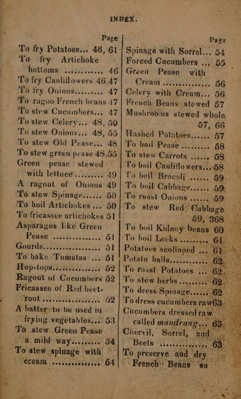 INDEX. Bie: Page Page To fry Pbiiidek: 46, 61 | Spinage with Sorrel... 54 To fry Artichoke Forced Cucumbers .., 55 bottoms ........5... 46 To fry Caulilowers 46,47 To fry Onions......... 47 To ragoo Pieiat Neate 47 To stew Cucumbers... 47 To stew Celery... 48, 50 To stew Onions... 48, 55 To stew Old Pease... 48 To stew green pease 48,55 Green pease stewed _ with lettueé......... 49 A ragout of Onions 49 To stew Spinage...... 50 ‘To boil Artichokes... 50 To fricassee artichokes 51 Asparagus like Green Pease whic... Ol Ranutde Te 61 To bake Tomatas ... 4} Hop-tops.iciseessseeees 52 Ragout of Cucumbers 52 Fricassee of Red bheet- oot. a NG ahi (62 A hatter»to be used in frying vegetables... 53 Td stew. Green Pease i To stew spinage with TCLCAM ssesesenseeseey 64. Green Pease with Creat ona eee: 56 Celery with Cream... 56 French Beans stewed 57 Mashrooms stewed whiole 57, 66 Hashed Poniidbee sc: 57 To boil Pease sreeseess OB To stew Carrots. chide 58. ig To boil Cauliflowers....68 Nee Vo boil Brocoli ...... 59. q To boil Cabbage... 69 | To reast Onions ....5, eee To stew Red Cabbage < To boil Kidney beatia 60 'To boil Leeks tenn l Potatoes scolloped .... Potato Poneantagea ot To edad spitaed fe Todress cucumbers Cucumbers dressed called mandrang Chervil, Sorrel, Beets -........3. Rf ; if it. preserve. ai . Ree. Beans” ‘s