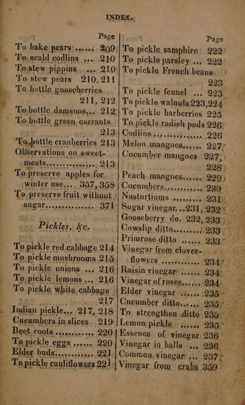 Id coding ,... 210 To. stew pippins ..... 210 To stew pears 210, 211 To bottle gooseberries . 211,212 ‘To bottle, damsons,.. 213 ottle cranberries 213 Oliservations on siveet- 8 ak N eeegere ftsevees* Ceeteonee To. palette oe ushgooins 215 To pickle onions. ... 216 To-pickle lemons... 216 wetermere 217 219 Beet roots ........ sees 220 To pickle. eges speaoneaell Page To rickle. samphire 222° To pickle parsley ..,. 222 To pickle French beans. _ | wench tab 293 To pickle fennel ., - 223. To pickle walnuts 293 4224 To pickle barberries 225 To. pickle radish ae 226) Codlins. - 226 Melon MANGOCS es -+.- 227 Cucumber mangoes 227; 228° Peach, ranges reve 229) >| Cucumbers... 1280 0 Nastortinms - 23Le re *Pesenses @oeeseaie Gopscherty: do. 282, B33: Cowslip ditto........ Primrose.ditto ...... 238° Vinegar phar ie rhe Be aoe S. , QBAr +5 ee eee Téa Vinegar of roses, seeone 234: a fe Elder vinegar :.1.... 235%. Cucumber fife 2353 ; To. strengthen ditto. 236° : Ct. Pe al 5