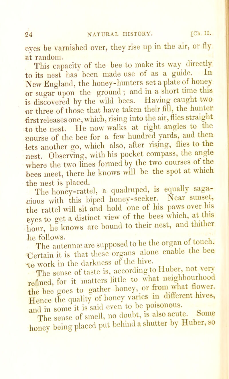 eyes be varnished over, they rise up in the air, or fly at random. This capacity of the bee to make its way directly to its nest has been made use of as a guide. In New England, the honey-hunters set a plate of honey or sugar upon the ground ; and in a short time this is discovered by the wild bees. Having caught two or three of those that have taken their fill, the hunter •first releases one, which, rising into the air, flies straight to the nest. He now walks at right angles to the course of the bee for a few hundred yards, and then lets another go, which also, after rising, flies to the nest. Observing, with his pocket compass, the angle where the two lines formed by the two courses of the bees meet, there he knows will be the spot at which the nest is placed. . The honey-rattel, a cpiadruped, is equally saga- cious with this biped honey-seeker. Near sunset, the rattel will sit and hold one of his paws over us eves to get a distinct view of the bees winch, at this hour, he knows are bound to their nest, and timber he follows. , r. , The antennae are supposed to be the organ of touch. Certain it is that these organs alone enable the bee •to work in the darkness of the hive. The sense of taste is, according to Huber, not very refined, for it matters little to what neighbourhood the bee goes to gather honey, or from what flower. Hence the quality of honey vanes m different hives, and in some it is said even to be poisonous. The sense of smell, no doubt, is also acute. Some honey being placed put behind a shutter by Huber, so