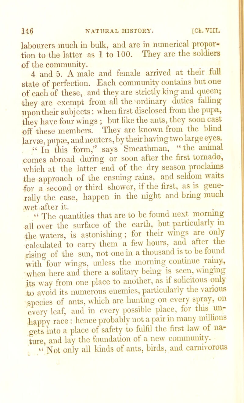 labourers much in bulk, and are in numerical propor- tion to the latter as 1 to 100. They are the soldiers of the community. 4 and 5. A male and female arrived at their full state of perfection. Each community contains but one of each of these, and they are strictly king and queen; they are exempt from all the ordinary duties falling upon their subjects: when first disclosed from the pupa, they have four wings ; but like the ants, they soon cast off these members. They are known from the blind larvae, pupae, and neuters, by their having two large eyes. “ In this form,” says Smeathman, “the animal comes abroad during or soon after the first tornado, which at the latter end of the dry season proclaims the approach of the ensuing rains, and seldom waits for a second or third shower, if the first, as is gene- rally the case, happen in the night and bring much wet after it. “The quantities that are to be found next morning all over the surface of the earth, but particularly in the waters, is astonishing; for their wings are only calculated to carry them a few hours, and after the rising of the sun, not one in a thousand is to be found with four wings, unless the morning .continue rainy, when here and there a solitary being is seen, w inging its way from one place to another, as if solicitous only to avoid its numerous enemies, particularly the \ ariotts species of ants, which are hunting on ever)' spray, on every leaf, and in every possible place, for this un- happy race : hence probably not a pair in many millions o-ets into a place of safety to fulfil the first law of na- ture, and lay the foundation of a new community. “’Not only all kinds of ants, birds, and carnivorous