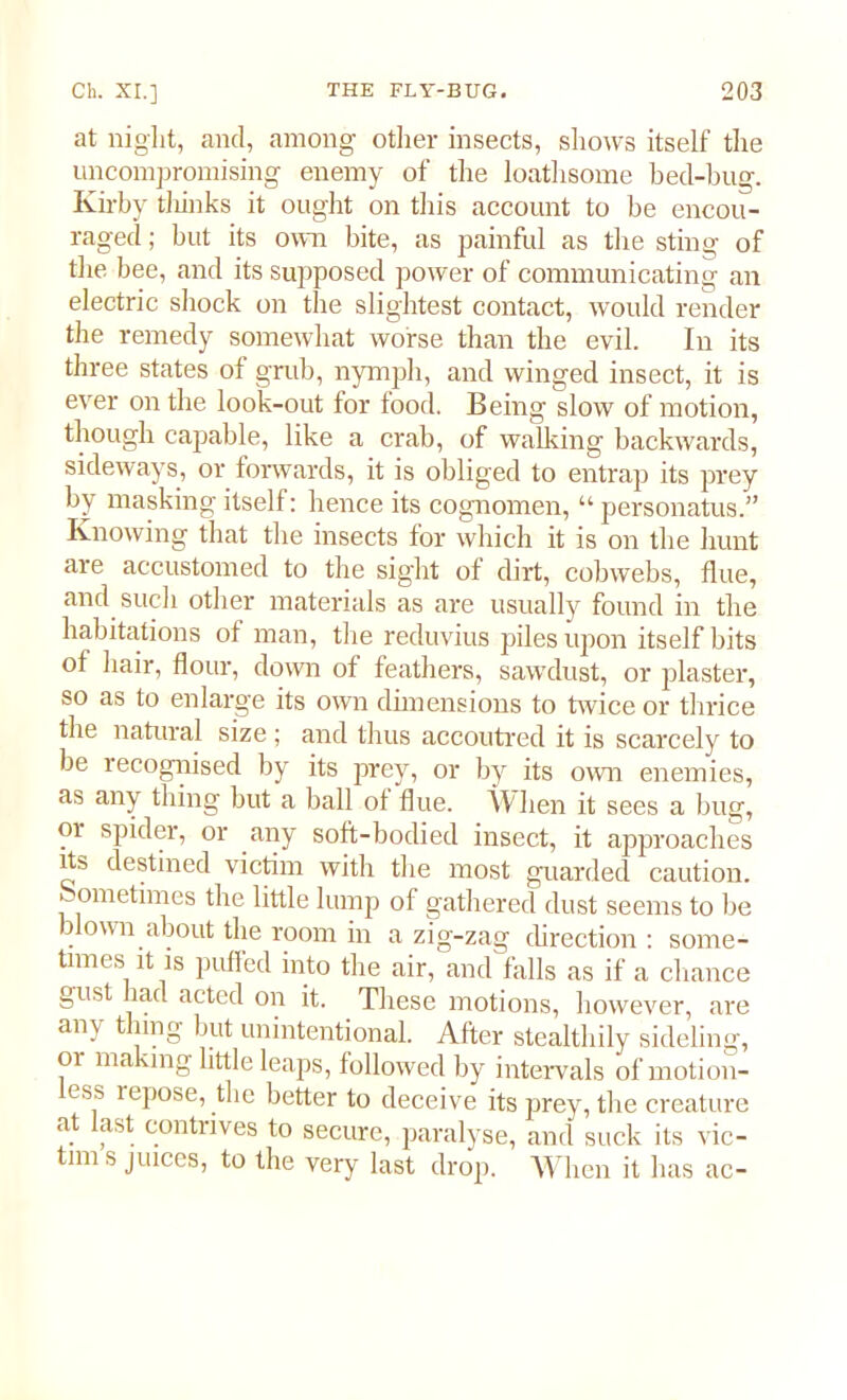 at night, and, among other insects, shows itself the uncompromising enemy of the loathsome bed-bug. Kirby thinks it ought on this account to be encou- raged ; but its own bite, as painful as the sting of the bee, and its supposed power of communicating an electric shock on the slightest contact, would render the remedy somewhat worse than the evil. In its three states of grub, nymph, and winged insect, it is ever on the look-out for food. Being slow of motion, though capable, like a crab, of walking backwards, sideways, or forwards, it is obliged to entrap its prey by masking itself: hence its cognomen, “ personatus.” Knowing that the insects for which it is on the hunt are accustomed to the sight of dirt, cobwebs, flue, and such other materials as are usually found in the habitations of man, the reduvius piles upon itself bits of hair, flour, down of feathers, sawdust, or plaster, so as to enlarge its own dimensions to twice or thrice the natural size ; and thus accoutred it is scarcely to be recognised by its prey, or by its own enemies, as any thing but a ball of flue. When it sees a bug, or spider, or any soft-bodied insect, it approaches its destined victim with the most guarded caution, sometimes the little lump of gathered dust seems to be ] own about the room in a zig-zag direction : some- times it is puffed into the air, and falls as if a chance gust bad acted on it. These motions, however, are any t]™g but unintentional. After stealthily sideling, 01 making little leaps, followed by intervals of motion- ess repose, the better to deceive its prey, the creature at fast contrives to secure, paralyse, and suck its vic- tim s juices, to the very last drop. When it has ac-