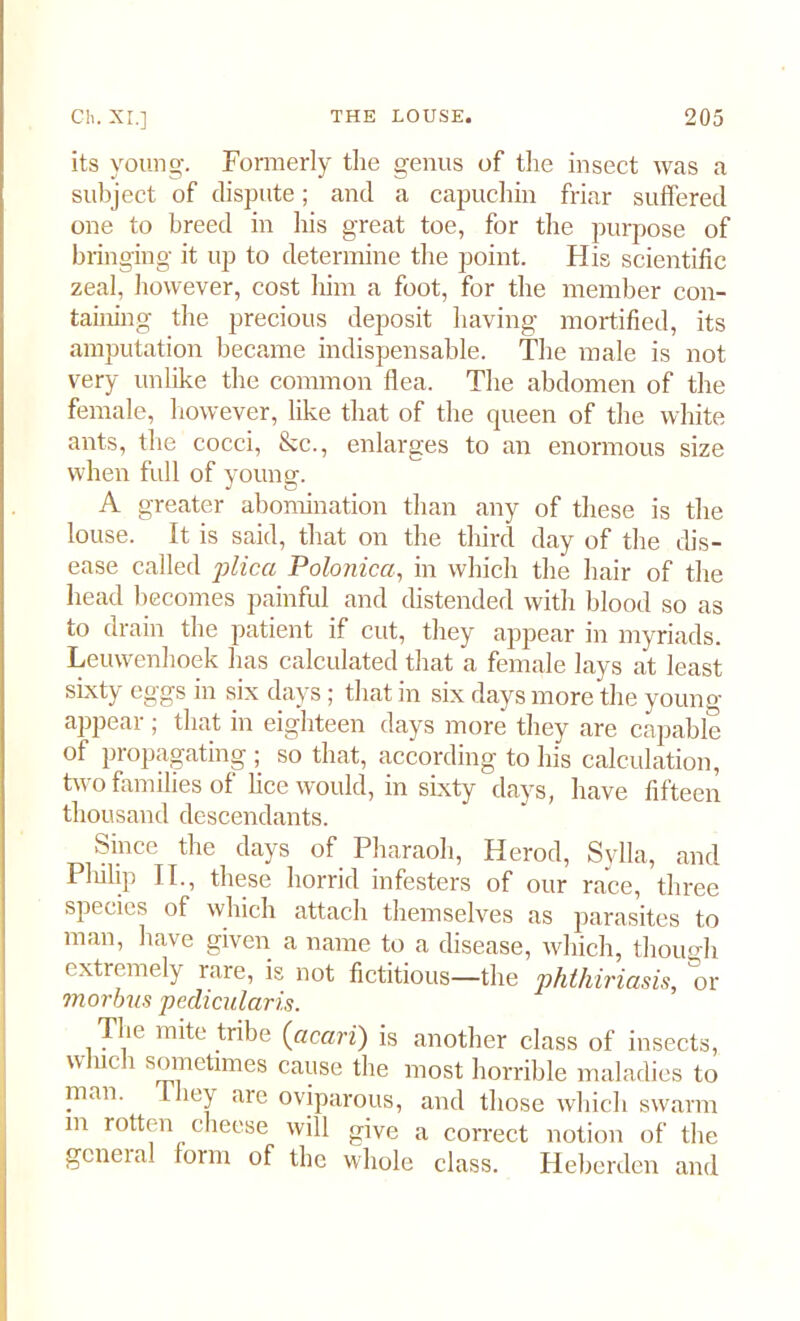 its young. Formerly tlie genus of the insect was a subject of dispute; and a capuchin friar suffered one to breed in his great toe, for the purpose of bringing it up to determine the point. His scientific zeal, however, cost him a foot, for the member con- taining the precious deposit having mortified, its amputation became indispensable. The male is not very unlike the common flea. The abdomen of the female, however, like that of the queen of the white ants, the cocci, &c., enlarges to an enormous size when full of young. A greater abomination than any of these is the louse. It is said, that on the third day of the dis- ease called plica Polonica, in which the hair of the head becomes painful and distended with blood so as to drain the patient if cut, they appear in myriads. Leuwenhoek has calculated that a female lays at least sixty eggs in six days; that in six days more the young appear ; that in eighteen days more they are capable of propagating ; so that, according to his calculation, two families of flee would, in sixty days, have fifteen thousand descendants. Since the days of Pharaoh, Herod, Svlla, and Plulip II., these horrid infesters of our race, three species of which attach themselves as parasites to man, have given a name to a disease, which, though extremely rare, is not fictitious—the phthiriasis, or morbus pedicularis. lb'' mite tribe (acari) is another class of insects, winch sometimes cause the most horrible maladies to nian. They are oviparous, and those which swarm m rotten cheese will give a correct notion of the gcneial form of the whole class. Heberden and