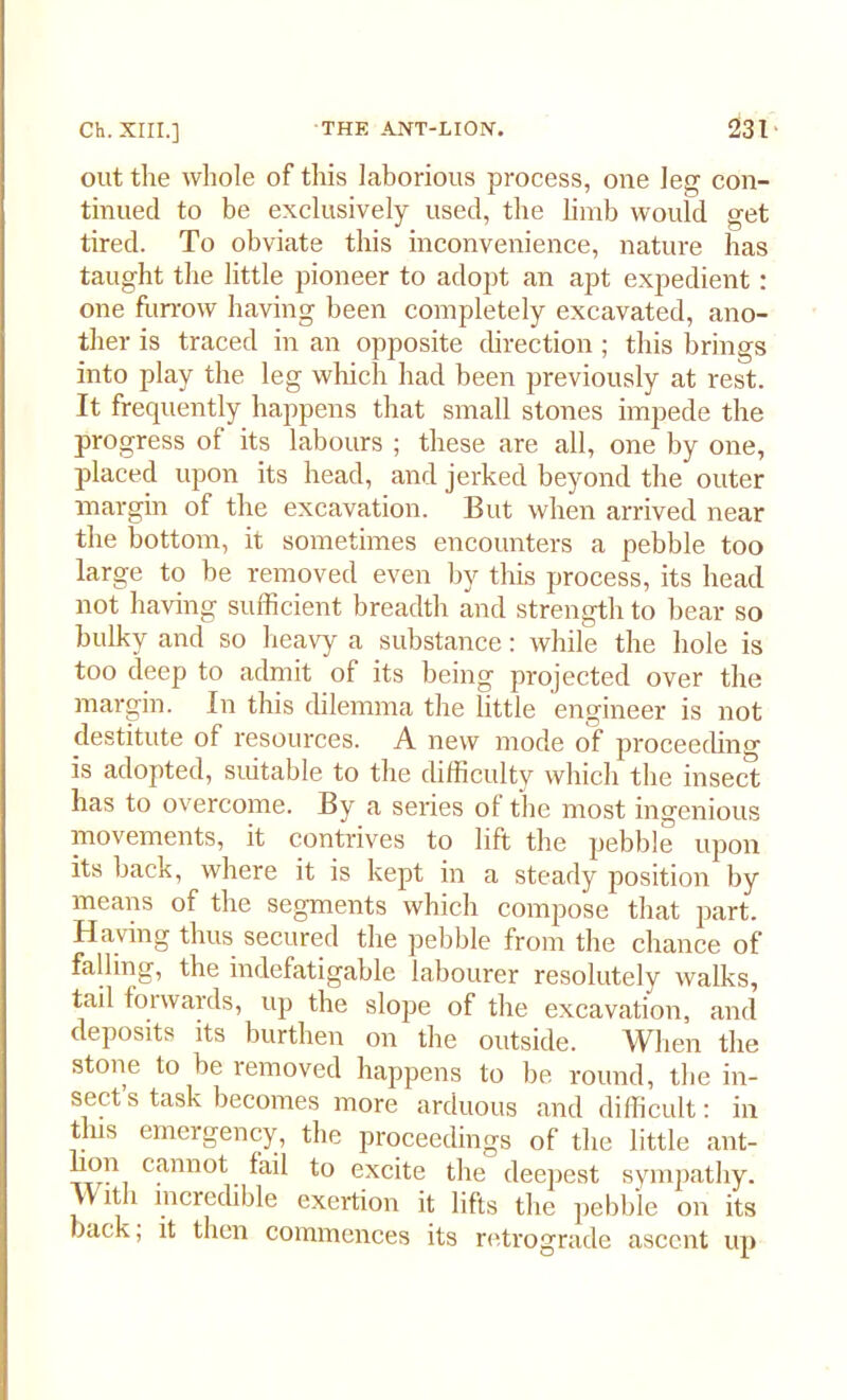 out the whole of this laborious process, one leg con- tinued to be exclusively used, the limb would get tired. To obviate this inconvenience, nature has taught the little pioneer to adopt an apt expedient: one furrow having been completely excavated, ano- ther is traced in an opposite direction ; this brings into play the leg which had been previously at rest. It frequently happens that small stones impede the progress of its labours ; these are all, one by one, placed upon its head, and jerked beyond the outer margin of the excavation. But when arrived near the bottom, it sometimes encounters a pebble too large to be removed even by this process, its head not having sufficient breadth and strength to bear so bulky and so heavy a substance: while the hole is too deep to admit of its being projected over the margin. In this dilemma the little engineer is not destitute of resources. A new mode of proceeding is adopted, suitable to the difficulty which the insect has to overcome. By a series of the most ingenious movements, it contrives to lift the pebble upon its back, where it is kept in a steady position by means of the segments which compose that part. Having thus secured the pebble from the chance of falling, the indefatigable labourer resolutely walks, tail forwards, up the slope of the excavation, and deposits its burthen on the outside. When the stone to be removed happens to be round, the in- sect s task becomes more arduous and difficult: in this emergency, the proceedings of the little ant- lion cannot fail to excite the deepest sympathy. ith incredible exertion it lifts the pebble on its back, it then commences its retrograde ascent up