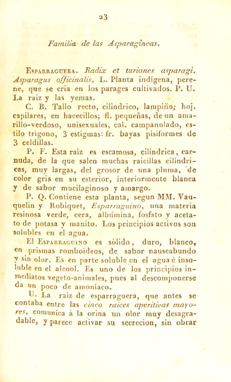 Familia de las Asparagineas. Esparraguera. Radix et turiones aspara gi. Asparagus officinalis, L. Planta indígena, pere- ne, que se cria en los parages cultivados. P. U. La raíz y las yernas. C. B. Tallo recto, cilindrico, lampiño; hoj. capilares, en hacecillos; fl. pequeñas, de un ama- rillo-verdoso, unisexuales, cal. campanulado, es- tilo trígono, 3 estigmas: fr. bayas pisiformes de 3 celdillas. P. F. Esta raiz es escamosa, cilindrica, car- nuda, de la que salen muchas raicillas cilindri- cas, muy largas, del grosor de una pluma, de color gris en su esterior, interiormente blanca y de sabor mucilaginoso y amargo. P. Q. Contiene esta planta, según MM. Vau- quelin y Robiquet, Esparraguina, una materia resinosa verde, cera, albúmina, fosfato y aceta- to de potasa y manito. Los principios activos son solubles en el agua. El Esparraguino es sólido, duro, blanco, en prismas romboideos, de sabor nauseabundo y sin olor. Es en parle soluble en el agua é inso- luble en el alcool. Es uno de los principios in- mediatos vegeto-animales, pues al descomponerse da un poco de amoníaco. U. La raiz de esparraguera, que antes se contaba entre las cinco raíces aperitivas mayo- res, comunica à la orina un olor muy desagra- dable, y parece activar su secreción, sin obrar