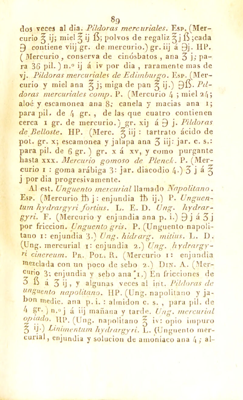 dos veces al día. Pildoras mercuriales. Esp. (Mer- curio 3 ij> n'iel 3 ‘j $1 polvos de regaliz 3 j ;cada 3 contiene viij gr. de mercurio.) gr. iij á 9j. HP. ( Mercurio , conserva de cinósbatos , ana 3 j; pa- ra 36 pil. ) n.° ij á iv por dia , raramente mas de vj. Pildoras mercuriales de Edimburgo. Esp. (Mer- curio y miel ana ^ j; miga de pan í ij.) 9fi. Pil- doras mercuriales camp. P. (Mercurio 4 j miel 24» aloé y escamonea ana 8; canela y macias ana i; para pil. de 4 gr. > de las que cuatro contienen cerca i gr. de mercurio.) gr. xij á 9 j. Pildoras de Belloste. HP. (Mere. ^ iij : tartrato ácido de pot. gr. x; escamonea y jalapa ana 3 ¡¡j: jar* c- s,: para pil. de 6 gr. ) gr. x á xv, y como purgante hasta xxx. Mercurio gomoso de Plenck. P. (Mer- curio i : goma arábiga 3= jar. diacodlo 4-) 3 j a 5 j por dia progresivamente. Al est. Ungüento mercurial llamado Napolitano. Esp. (Mercurio ib j : enjundia tb ij.) P. Unguen- turn hydrargyri fortius. L. E. D. Ung. hydrar- gyri. F. (Mercurio y enjundia ana p. i.) 9j á 3j por fricción. Ungüento gris. P. (Ungüento napoli- tano 1: enjundia 3 ^ Pag. hidrarg. rnitius. L. D. (Ung. mercurial 1: enjundia 2.) Ung. hydrargy- ri cincreum. Pu. Pol. R. (Mercurio 1: enjundia Mezclada con un poco de sebo 2.) Din. A. (Mer- cuno 3; enjundia y sebo ana’i.) En fricciones de 3 fí á 3 ij , y algunas veces al int. Pildoras de ungüento napolitano. IIP. (Ung. napolitano y ja- bón medie, ana p.i. : almidón c. s. , para pil. de á g1'. J n.° j á iij mañana y tarde. Ung. mercurial opiado. HP. (Ung. napolitano ^ iv: opio impuro 3 *J-) Pinimentum hydrargyri. L. (Ungüento mer- curial , enjundia y solución de amoniaco ana 4 ; al-