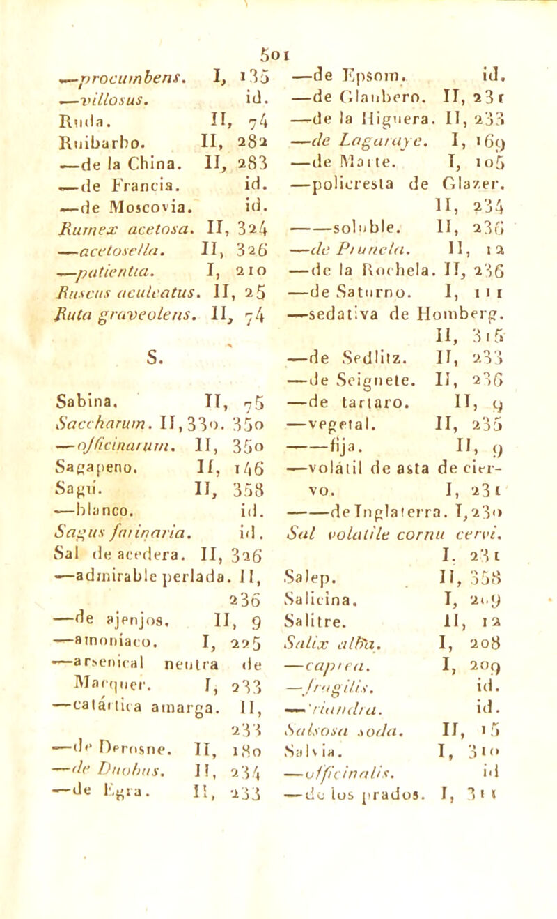 5« I ~—procumbens. I, i35 —villosus. id. Ruda. II, 74 Ruibarbo. II, 282 —de la China. II, 283 .—de Francia. id. —de Moscovia. id. Humez acetosa. II, 324 —acctoseUa. II, 328 —pa tien tía. I, 210 Ruscus aculc.atus. II, 25 Ruta graveolens. II, 74 S. Sabina. II, 75 Sacchfirum. II, 33o. 35o — ojficinarum. II, 35o Sagapeno. II, i46 Sagii. II, 358 —blanco. id. Sagas /minaría. id. Sal de acedera. II, 326 —admirable perlada. II, 236 —de ajenjos. II, 9 —amoniaco. I, 225 —arsenical neutra de Marquer. f, 233 —catártica amarga. II, 233 —de Derosne. II, 180 —de Duobus. I!, 234 —de F.psom. id. —de Glaubero. II, 23 t —de la Higuera. II, 233 —de Lagaraye. I, 169 —de Marte. I, io5 —policresta de Glazer. II, 234 soluble. II, 236 —de Ptúnela. 11, 12 — de la Rochela. II, 236 —de .Saturno. I, 1 1 1 —sedativa de Hotnberg. II, 315 —de Sedlitz. II, 2.33 —de Seignete. II, 236 —de tártaro. II, 9 —vegetal. II, 235 lija. II, 9 —volátil de asta de cier- vo. I, 23 i de Inglaterra. 1,23'» Sal volatile cornu cervi. I. 23 1 ■Salep. II, 358 Salicina. I, 21.9 Salitre. II, 12 Salix alb'a. 1, 208 —capten. I, 209 —Jrugilis. id. — 'riandra. id. Salsosa soda. II, >5 Salvia. I, 3 1 o —oificinalis. id