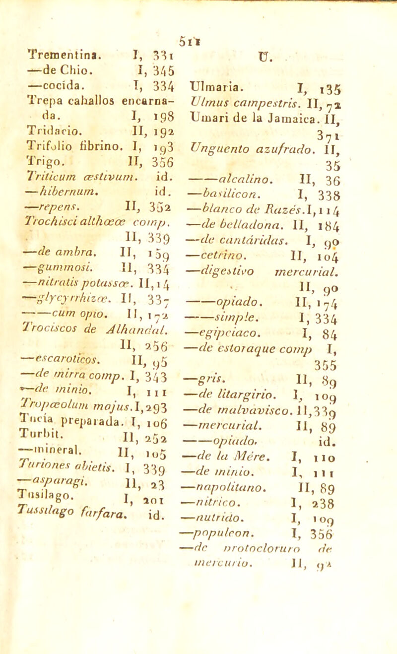 —de Chio. I, 345 —cocida. T, 334 Trepa cahallos encarna- da. I, 198 Tridacio. II, 192 Trifolio fibrino. I, ig3 Trigo. Il, 356 Triticum œstivum. id. —hibernurn. id. —repens. II, 3£¡2 Trochisci althœœ cotnp. H, 339 —de ambra. II, 1 5g —gummosi. Il, 334 —nitratispotassœ. II, 14 —glycyrrhizœ. Il, 337 curn opio. 11,1-2 Trociscos de Alhandal. II, 256 —escaróticos. II, ,p —de mirra comp. I, 343 —de tninio. I, MI TropœoLum rnajus. 1,293 Tuda prepaiada. T, 106 Turbit- II, 252 —mineral. II, ,o5 Turiones abietis. I, 339 asp aragi. ^ Tusílago. ]) aoI 7 us s llago (arfara. id. 5it Ulmaria. I, ,35 lUmus cainpestris. II, -2 Umari de la Jamaica. II, 371 Ungüento azufrado. II, 35 alcalino. II, 36 —basilicon. I, 338 —blanco de Razés.l, 114 —de belladona. II, 184 —de cantáridas. I, g o —cetrino. II, 104 —digestido mercurial. II, 90 opiado. II, i74 simple. I, 334 —egipciaco. I, 84 —de estoraque cotnp I, 355 —gris. 11, 89 —de litargirio. I, 109 —de malvavisco. \ l,33g —mercurial. II, 89 opiado. id. —de la Mère. J, no —de minio. I, 1 1 1 —napolitano. II, 89 —nítrico. I, 238 —nutrido. I, 1 09 —populeón. I, 356 —de nrotnclorurn de II, g 2 mercurio.