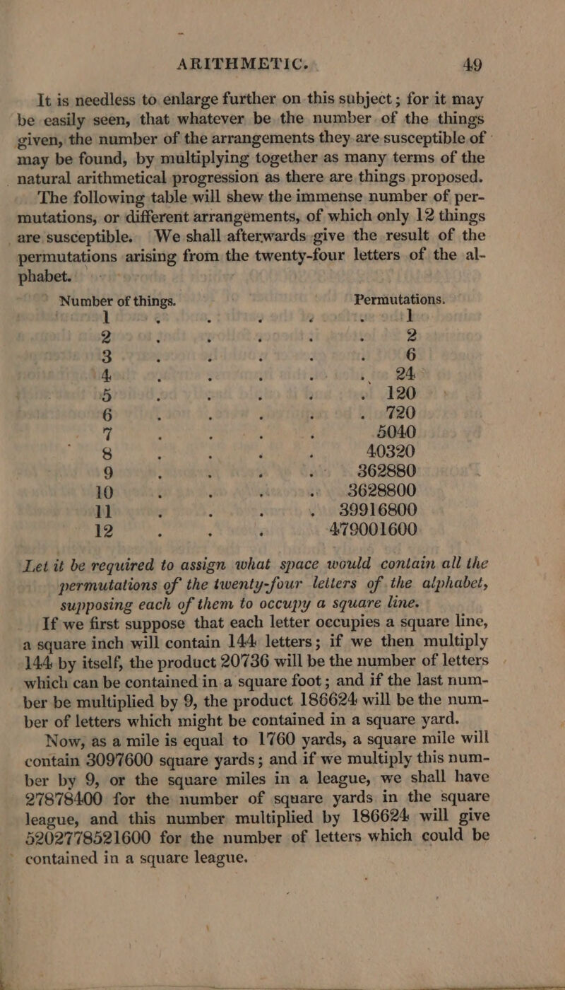 It is needless to enlarge further on this subject ; for it may be easily seen, that whatever be the number of the things given, the number of the arrangements they. are susceptible of : may be found, by multiplying together as many terms of the _ natural arithmetical progression as there are things proposed. The following table will shew the immense number of per- mutations, or different arrangements, of which only 12 things are susceptible. We shall afterwards give the result of the permutations arising from the twenty-four letters of the al- phabet. Number of things. Permutations. 2 6 24 120 720 5040 ‘ ‘ 40320 : : ‘ - 862880 10 : ‘ : » 3628800 1] : : ’ . 39916800 12 : ; i 479001600 OMAP WN = Let it be required to assign what space would contain all the permutations of the twenty-four letters of the alphabet, supposing each of them to occupy a square line. If we first suppose that each letter occupies a square line, a square inch will contain 144 letters; if we then multiply 144 by itself, the product 20736 will be the number of letters _ which can be contained in.a square foot ; and if the last num- ber be multiplied by 9, the product 186624 will be the num- ber of letters which might be contained in a square yard. Now, as a mile is equal to 1760 yards, a square mile will contain 3097600 square yards; and if we multiply this num- ber by 9, or the square miles in a league, we shall have 27878400 for the number of square yards in the square league, and this number multiplied by 186624 will give 5202778521600 for the number of letters which could be » contained in a square league.