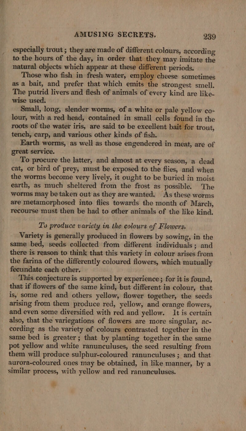 especially trout ; they are made of different colours, according to the hours of the day, in order that they may imitate the natural objects which appear at these different periods. Those who fish in fresh water, employ cheese sometimes as a bait, and prefer that which emits the strongest smell. The putrid livers and flesh of animals of every kind are like- wise used. Small, long, slender worms, of a white or pale yellow co- lour, with a red head, contained in small cells found in the roots of the water iris, are said to be excellent bait for trout, tench, carp, and various other kinds of fish. Earth worms, as well as those engendered in meat, are of great service. To procure the latter, and almost at every season, a dead cat, or bird of prey, must be exposed to the flies, and when the worms become very lively, it ought to be buried in moist earth, as much sheltered from the frost as possible. The worms may be taken out as they are wanted. As these worms are metamorphosed into flies towards the month of March, recourse must then be had to other animals of the like kind. To produce variety in the colours of Flowers. Variety is generally produced in flowers by sowing, in the same bed, seeds collected from different individuals; and there is reason to think that this variety in colour arises from the farina of the differently coloured flowers, which mutually fecundate each other. This. conjecture is. supported by experience; for it is found, that if flowers of the same kind, but different in colour, that is, some red and others yellow, flower together, the seeds arising from them produce red, yellow, and orange flowers, and even some diversified with red.and yellow. It is certain also, that the variegations of flowers are more singular, ac- cording as the variety of colours contrasted together in the same bed is greater; that by planting together in the same pot yellow and white ranunculuses, the seed resulting from them will produce sulphur-coloured ranunculuses ; and that aurora-coloured ones may be obtained, in like manner, by a similar process, with yellow and red ranunculuses. 4.