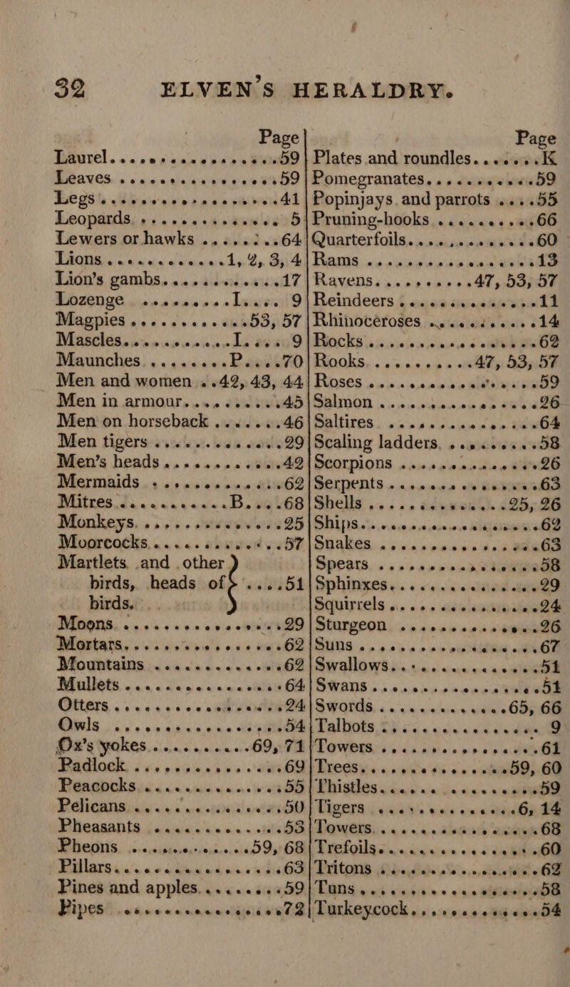 Page Thaurel. «. nas coe seen a Bune DGaves. s cciccaicaaev easton Legs 's.ccevecerecsrereedl Leopards. . . Lewers or hawks .....:..64 TRONS) s 0.5 vein oe wiwinre hee Sy Bit Lion’s gambs......+2.0..17 EGZENLE wien anon ne» Lyiyens! 9 Magpies ..-...60.60053, 57 Mascles.. 00 is00200eka oeau9 Maunches ........P....70 Men and women . .42, 43, 44 Men in armour... 245 Men on horseback ....... Men tigers: ss: is.:.\. di vale ZO Men’s heads.......00% 042 Mermaids -.......2.61+62 Pires. Ja. cca ene cb. ee kGS Monkeys.......+ Moorcocks......0.000¢s0! Martlets. and . other birds, heads of birds. Moons....... $n he ote Mortars..... Mountains ....... PRGUNG. o5,s, dian wean oe . 64 OUTS . oo 040000 nce eaneees OWS vac cecad senna H64gueee Ox’s yokes..... Padlock . 69 Peacpcks,¢....00 anne ee ee PelCANSinieisice ectaediacres Pheasants ..... 3s ie EGS. 4s -.csipioveirseidee 095 OB Walang ia'n 4 oc Se dwdisina when Pines and apples........+59 eene eeeecen aciabs »29 alba olele eel Se ooo 00s 62 eooeoeaece eoeeoeeoeseeoeeoeve e eeeee Page Plates and roundles.......K Pomegranates... ..+00.0+59 Popinjays. and parrots ....55 Pruning-hooks .....0.++.66 Quarterfoils.... 2200082260 Baas ne vdkcsa deux won ep eade Ravens.... oeaMd Dagan Reindeers { oss zijaaeasinl B Rhinocéroses ...006000+ 014 Rocks. sis ee Riaoks, os 0.00 op &gt; Sty S358 ROS0S neo sic.na0 de dltnna cee Salmon... «26 Saltires .. . 64 Scaling ladders, .........58 SOOrpions ..0.0.00\000u00 awl SELpents « «on 00s ole Hevaiar Od ShEUS a0 oe tah . 625526 DS. ecasese se yosnsoue MiaNeME EE SOARES oy vn nears vis dos eaten Speays. ... 2060000 seumeee Sphingess... « «o's slstaa at So Sepuircels vie v.00 é« saisip aia DUUTZEON, oo scenes emme SUNS.» ssl oo ow wuss an Swallows... es cucvcaseeedh Swans. ~sastawde Swords «.....000000+65, 66 Palhots Ob ik « vein 9 TOWPES) 6's) cs.nies oo 0 nee eoeeee eececoeeeen® eG@erose@ eee sees eG eeeseoeen eeeseee ee . Phisthes saad vince oc ewe Vigers . sears «6, 14 Teens, 00. cakes extn Oe eceerere | DAtOnS Mbadidie\ss'»,., cepa TONS 005 vissi0e + ose nitesiesbS