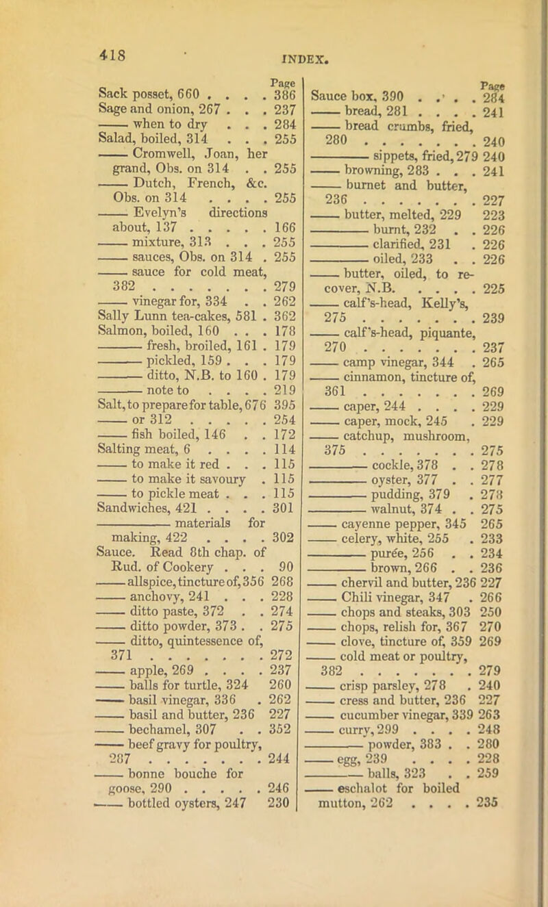 Sack posset, 660 .... 386 Sage and onion, 267 . . . 237 when to dry . . . 284 Salad, boiled, 314 ... 255 Cromwell, Joan, her grand, Obs. on 314 . . 255 Dutch, French, &e. Obs. on 314 .... 255 • Evelyn’s directions about, 137 166 mixture, 313 . . . 255 sauces, Obs. on 314 . 255 sauce for cold meat, 382 279 vinegar for, 334 . . 262 Sally Lunn tea-cakes, 581 . 362 Salmon, boiled, 160 . . . 178 fresh, broiled, 161 . 179 pickled, 159 . . . 179 ditto, N.B. to 160 . 179 note to . . . .219 Salt, to prepare for table, 676 395 or 312 254 fish boiled, 146 . . 172 Salting meat, 6 . . . .114 to make it red . . .115 to make it savoury . 115 to pickle meat . . .115 Sandwiches, 421 .... 301 materials for making, 422 .... 302 Sauce. Read 8th chap, of Rud. of Cookery ... 90 allspice,tinctureof,356 268 anchovy, 241 . . . 228 ditto paste, 372 . . 274 ditto powder, 373 . .275 ditto, quintessence of, 371 272 apple, 269 .... 237 halls for turtle, 324 260 basil vinegar, 336 . 262 basil and butter, 236 227 bechamel, 307 . . 352 beef gravy for poultry. 287 244 bonne bouclie for goose, 290 246 • bottled oysters, 247 230 Sauce box, 390 . .• . . 284 bread, 281 . . . . 241 bread crumbs, fried. 280 240 sippets, fried, 279 240 browning, 283 . . . 241 burnet and butter, 236 227 butter, melted, 229 223 burnt, 232 . . 226 clarified, 231 . 226 oiled, 233 . . 226 butter, oiled, to re- cover, N.B 225 calf’s-head, Kelly’s, 275 239 calf's-head, piquante, 270 237 camp vinegar, 344 . 265 cinnamon, tincture of, 361 269 caper, 244 .... 229 caper, mock, 245 . 229 catchup, mushroom, 375 275 cockle, 378 . . 278 oyster, 377 . . 277 pudding, 379 . 278 walnut, 374 . .275 cayenne pepper, 345 265 celery, white, 255 . 233 purde, 256 . . 234 brown, 266 . . 236 chervil and butter, 236 227 Chili vinegar, 347 . 266 chops and steaks, 303 250 chops, relish for, 367 270 clove, tincture of, 359 269 cold meat or poultry, 382 279 crisp parsley, 278 . 240 cress and butter, 236 227 cucumber vinegar, 339 263 curry, 299 . . . . 248 powder, 383 . .280 egg, 239 .... 228 balls, 323 . . 259 eschalot for boiled mutton, 262 .... 235