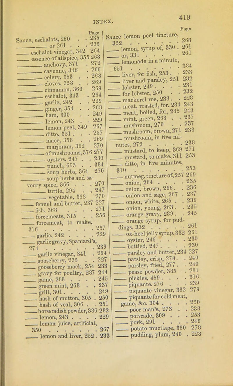 Page Sauce, eschalots, 260 . • 235 or 261 . . • 235 eschalot vinegar, 342 _ 264 essence of allspice, 355 268 266 268 269 269 264 229 268 249 229 267 267 , 269 270 Page . anchovy, 371 . cayenne, 346 . celery, 353 . cloves, 358 . . cinnamon, 360 .. eschalot, 343 garlic, 242 ginger, 354 . .— ham, 300 lemon, 243 . lemon-peel, 349 ditto, 351 . . mace, 358 marjoram, 362 of mushrooms, 376 277 oysters, 247 . • 230 punch, 653 . • 384 soup herbs, 364 270 soup herbs and sa- voury spice, 366 . . . 270 — turtle, 294 . , 247 vegetable, 363 270 fennel and butter, 237 227 268 261 261 384 233 232 231 232 , 228 .fish, 368 . . . . 271 . forcemeats, 315 . . 256 - forcemeat, to make, 257 229 Sauce lemon peel tincture, lemon, syrup of, 330 or, 331 • • • _ • • lemonade in a minute, 651 •••••■• liver, for fish, 2o3 . ^ • liver and parsley, 251 lobster, 249 • • • • for lobster, 250 . . mackerel roe, 238 . meat, roasted, for, 284 243 meat, boiled, for, 285 24o mint, green, 268 . . 237 mushroom, 270 . • 23/ mushroom, brown, 2/1 238 mushroom, in five mi- nutes, 272 238 mustard, to keep, 369 2/1 mustard, to make, 311 253 ditto, in five minutes, 310 nutmeg, tincture of, 25 7 26 J onion, 264 .... 235 onion, brown, 266 . . 236 onion and sage, 267 . 237 onion, white, 265 . . onion, young, 263. orange gravy, 289 . orange syrup, for pud 236 235 245 316 garlic, 242 garlic gravy, Spaniard’s, 274 ....... 239 garlic vinegar, 341 . 264 gooseberry, 235 . . 227 gooseberry mock, 254 233 gravy for poultry, 287 244 game, 288 . . . nlt green mint, 268 . . grill, 301.... hash of mutton, 305 hash of veal, 306 . horseradish powder,386 282 lemon, 243 .... 229 lemon juice, artificial, 350 267 lemon and liver, 252 . 233 245 237 249 250 251 dings, 332 261 — ox-heeljellysyrup,332 261 _ oyster, 246 .... 230 bottled, 247 .... 230 parsley and butter, 234 227 • — 240 240 281 316 239 parsley, crisp, 278. parsley, fried, 27 7 . pease powder, 385 pickles, 459 . . . piquante, 27 6 piquante vinegar, 382 279 piquante for cold meat, game, &c. 304 .... 250 poor man’s, 273 . .238 poivrade, 309 . . . 253 pork, 291 .... 246 potato mucilage, 380 278 pudding, plum, 240 . 228