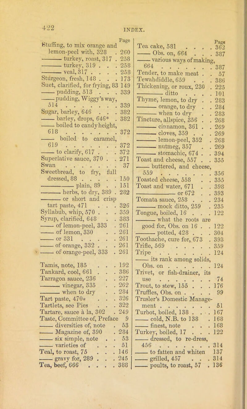 INDEX. Stuffing, to mix orange and lemon-peel with, 328 . 260 turkey, roast, 317 . 258 turkey, 319 . . .258 veal, 317 .... 258 Sturgeon, fresh, 148 . . .173 Suet, clarified, for frying, 83 149 pudding, 513 . . . 339 pudding, Wiggy’s way, 514 339 Sugar, barley, 646 . . . 382 barley, drops, 646* . 382 boiled to candy height, 618 372 boiled to caramel, 619 372 to clarify, 617 . . . 372 Superlative sauce, 370 . .271 Swan 37 Sweetbread, to fry, full dressed, 88 150 plain, 89 . . 151 — herbs, to dry, 389 . 282 or short and crisp tart paste, 471 . . 326 Syllabub, whip, 570 . . 359 Syrup, clarified, 648 . 383 of lemon-peel, 333 261 of lemon, 330 . . 261 or 331 261 of orange, 332 . . . 261 of orange-peel, 333 . 261 Tamis, note, 185 . . . 192 Tankard, cool, 661 . . . 386 Tarragon sauce, 236 . . 227 vinegar, 335 . . 262 when to dry . . 284 Tart paste, 470* . . . 326 Tartlets, see Pies . . . 322 Tartare, sauce a la, 302 249 Taste, Committee of, Preface 9 diversities of, note 53 • Magazine of, 390 284 six simple, note . . 53 varieties of . . . 51 Teal, to roast, 75 . . . 146 gravy for, 289 . . . 245 Tea, beef, 666 . . . . 388 Tea cake, 581 .... 362 Obs. on, 664 .. . 387 various ways of making, 664 387 Tender, to make meat . . 57 Tewahdiddle, 659 . . . 386 Thickening, or roux, 230 . 225 • ditto .... 101 Thyme, lemon, to dry . . 283 orange, to dry . . 284 when to dry . .283 Tincture, allspice, 356 . . 268 cinnamon, 361 . . 269 cloves, 359 . . . 269 lemon-peel, 352 . 268 nutmeg, 357 . .269 stomachic, 674 . . 394 Toast and cheese, 557 . . 355 • buttered, and cheese, 559 356 Toasted cheese, 558 . . 355 Toast and water, 671 . . 398 or 672 . . 393 Tomata sauce, 258 . . . 234 mock ditto, 259 . 235 Tongue, boiled, 16 . . .122 what the roots are good for, Obs. on 16 . .122 potted, 428 . . . 304 Toothache, cure for, 673 . 393 Trifle, 569 359 Tripe 124 its rank among solids, Obs. on 124 Trivet, or fish-drainer, its use 74 Trout, to stew, 155 . . .176 Truffles, Obs. on .... 99 Trusler’s Domestic Manage- ment 51 Turbot, boiled, 138 . . • . 167 cold, N.B. to 138 .168 finest, note . . .168 Turkey, boiled, 17 . . .122 dressed, to re-dress, 456 314 to fatten and whiten 137 grilled, 457 . . . 314 poults, to roast, 57 . 136