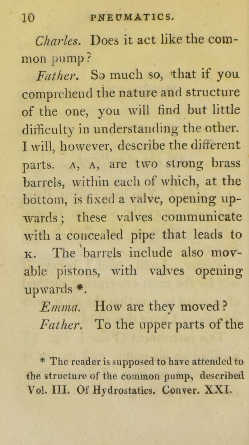 Charles. Does it act like the com- mon pump? Father. So much so, that if you comprehend the nature and structure of the one, you will find but little difficulty in understanding the other. I will, however, describe the different parts, a, a, are two strong brass barrels, within each of which, at the bottom, is fixed a valve, opening up- wards ; these valves communicate with a concealed pipe that leads to k. The barrels include also mov- able pistons, with valves opening upwards *. Emma. How are they moved ? Father. To the upper parts of the * The reader is supposed to have attended to the structure of the common pump, described Vol. III. Of Hydrostatics. Conver. XXI.