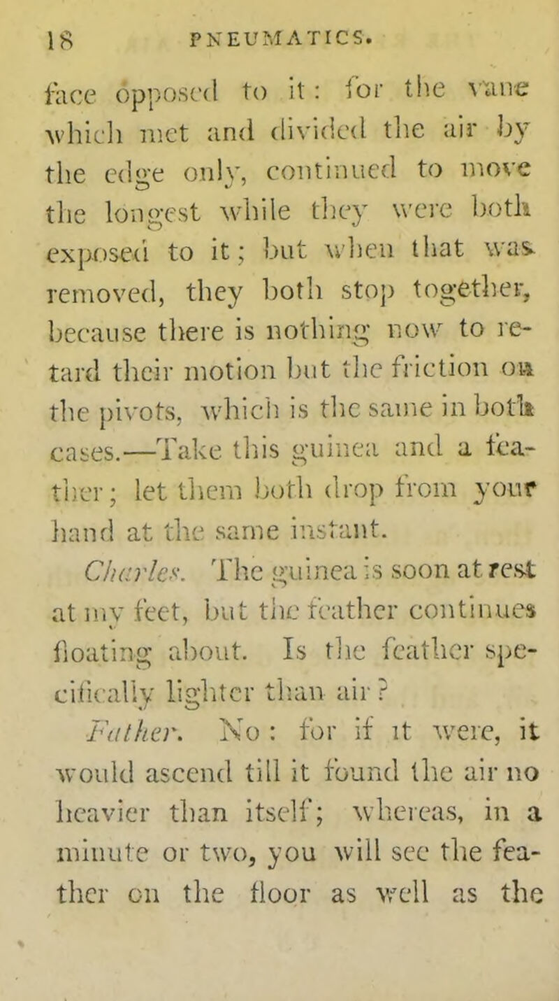 face opposed to it: for the wane which met and divided tlie air by the edge only, continued to move the longest while they were both exposed to it; but when that was removed, they both stop together, because there is nothing now to re- tard their motion but the friction on the pivots, which is the same in both cases.—Take this guinea and a lea- ther; let them both drop from your hand at the same instant. Charley. The guinea is soon at rest at my feet, but the feather continues floating about. Is the feather spe- cifically lighter than air ? Father. No : for if it were, it would ascend till it found the air no heavier than itself; whereas, in a minute or two, you will sec the fea- ther on the floor as well as the