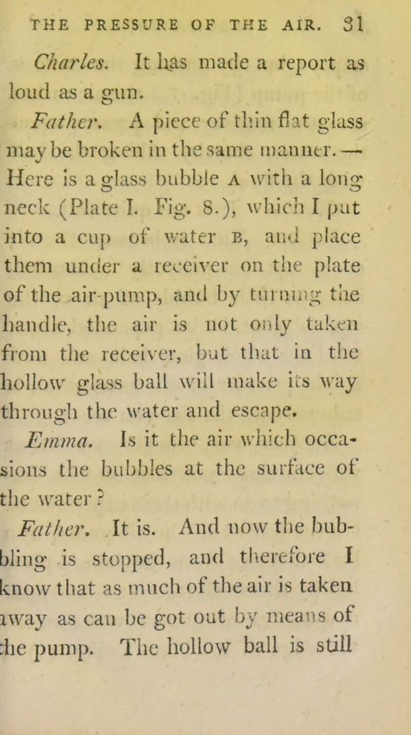 Charles. It lias made a report as loud as a gun. Father. A piece of thin flat glass maybe broken in the same manner. —■ Here is a o-lass bubble a with a Ioug: neck (Plate I. Fig. 8.), which I put into a cup of water b, and place them under a receiver on the plate of the air-pump, and by turning the handle, the air is not only taken from the receiver, but that in the hollow glass ball will make its way through the water and escape. Emma. Is it the air which occa- sions the bubbles at the surface of the water ? Father. It is. And now the bub- bling is stopped, and therefore I know that as much of the air is taken lway as can be got out by means ot :he pump. The hollow ball is still