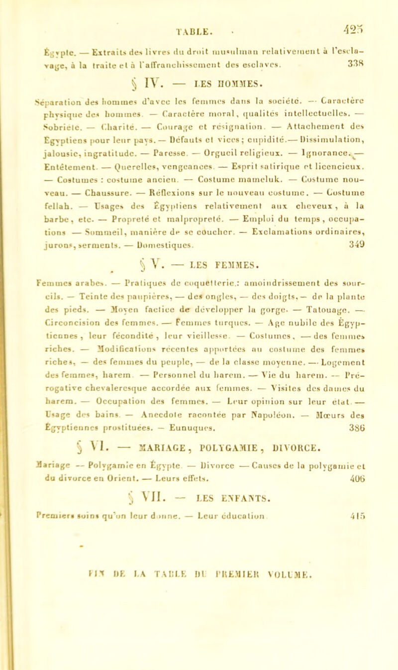 423 Égsple.— Extraits des livres du droit musulman relativement à l'escla- vage, à la traite et à l'affranchissement des esclaves. 33K § IY. — I.ES HOMMES. Séparation des hommes d'avec les femmes dans la société. — Caractère physique des hommes — Caractère moral, qualités intellectuelles. — Sobriété. — Charité.— Courage et résignation. — Attachement des Egyptiens pour leur pays.— Défauts et vices; cupidité.— Dissimulation, jalousie, ingratitude. — Paresse. — Orgueil religieux. — Ignorance.^— Entêtement. — Querelles, vengeances. — Esprit satirique et licencieux. — Costumes : costume ancieu. — Costume mameluk. — Costume nou- veau. — Chaussure. — Réflexions sur le nouveau costume. — Costume fellah. — Usages des Égyptiens relativement aux cheveux , à la barbe, etc. — Propreté et malpropreté. — Emploi du temps, occupa- tions — Sommeil, manière de se coucher. — Exclamations ordinaires, jurons, serments. — Domestiques 349 § Y. — LES FEMMES. Femmes arabes. — Pratiques de coquetterie,: amoindrissement des sour- cils. — Teinte des paupières, — des ongles, — des doigts.— de la pluntc des pieds. — Moyen factice de développer lu gorge. — Talouoge. — Circoncision des femmes. — Femmes turques. — Age nubile des Egyp- tiennes , leur fécondité, leur vieillesse — Costumes, —des femme» riches. — Modification', récentes apportées nu costume des femmes riche», — des femmes du peuple, — de la classe moyenne. — Logement des femmes, harem — Personnel du harem. — Vie du harem. — Pré- rogative chevaleresque accordée aux femmes. — Visites des daines du harem.— Occupation des femmes. — Leur opinion sur leur état.— Usage des bains — Anecdote racontée par Napoléon. — Mœurs des Égyptiennes prostituées. — Eunuques. 386 § VI. — MARIAGE, POLYGAMIE, DIVORCE. Mariage — Polygamie en Égypte. — Divorce —Causes de la polygamie et du divorce en Orient. — Leurs effets. 406 5 VU. — LES EMFANTS. Premier* «oint qu'on leur d inné. — Leur éducation 415 H1 l)E LA TABLE DU PREMIER VOLUME.