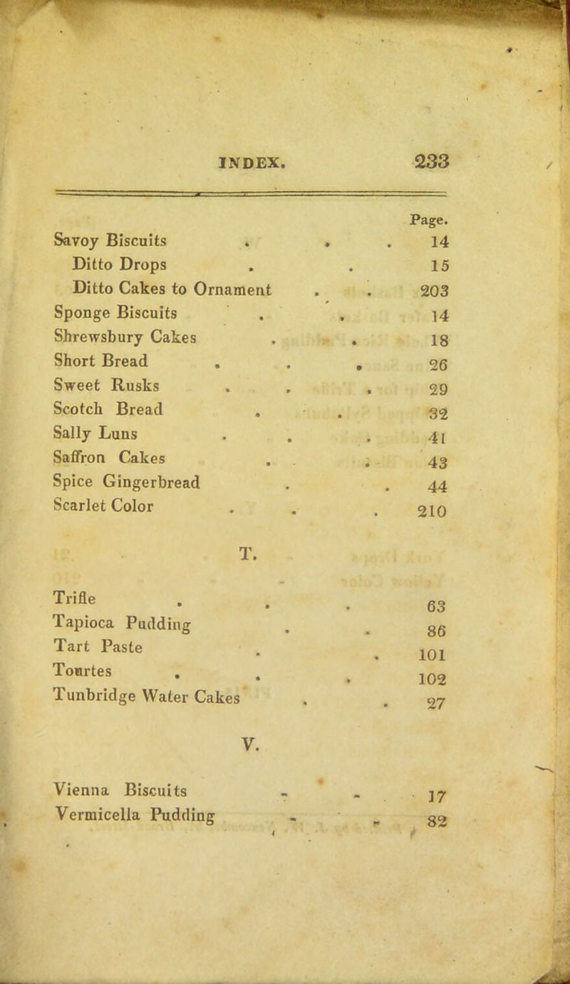 Page. Savoy Biscuits . . .14 Ditto Drops . . 15 Ditto Cakes to Ornament . . 203 Sponge Biscuits . , ]4 Shrewsbury Cakes . . 18 Short Bread • . • 26 Sweet Rusks . .29 Scotch Bread . 32 Sally Luns . . . 4( Saffron Cakes . , 43 Spice Gingerbread . . 44 Scarlet Color . . , 210 T. Trifle 63 Tapioca Pudding . gg Tart Paste . 1Q1 Tourtes . . .102 Tunbridge Water Cakes , . 27 V. 17 Vienna Biscuits Vermicella Pudding