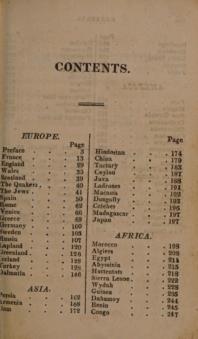 EUROPE. Preface < France. . England ; Wales “ : Scotland . ° The Quakers, , The Jews . pain ° e Rome ' » Venice . . Greece .. . Germany ., Sweden , « Russia : . Lapland . ° areenland. Celand : furkey : Jalmatia . ersia F krmenia . jam Demi ‘ ] Hindostan China | Tartary Ceylon Java Ladrones Macassa Dungally Celebes Madagascar Japan Morocco Algiers Egypt Abyssinia Hottentots o. 0-0 6 (9: Oo 8-6 Ge oy ® » 2 a 9 Wydah Guinea Benin Congo 8 ° ® 2 2 Ss 8 ¢ Che Ue Oe % > oO ® @ J ® e e ® @ >