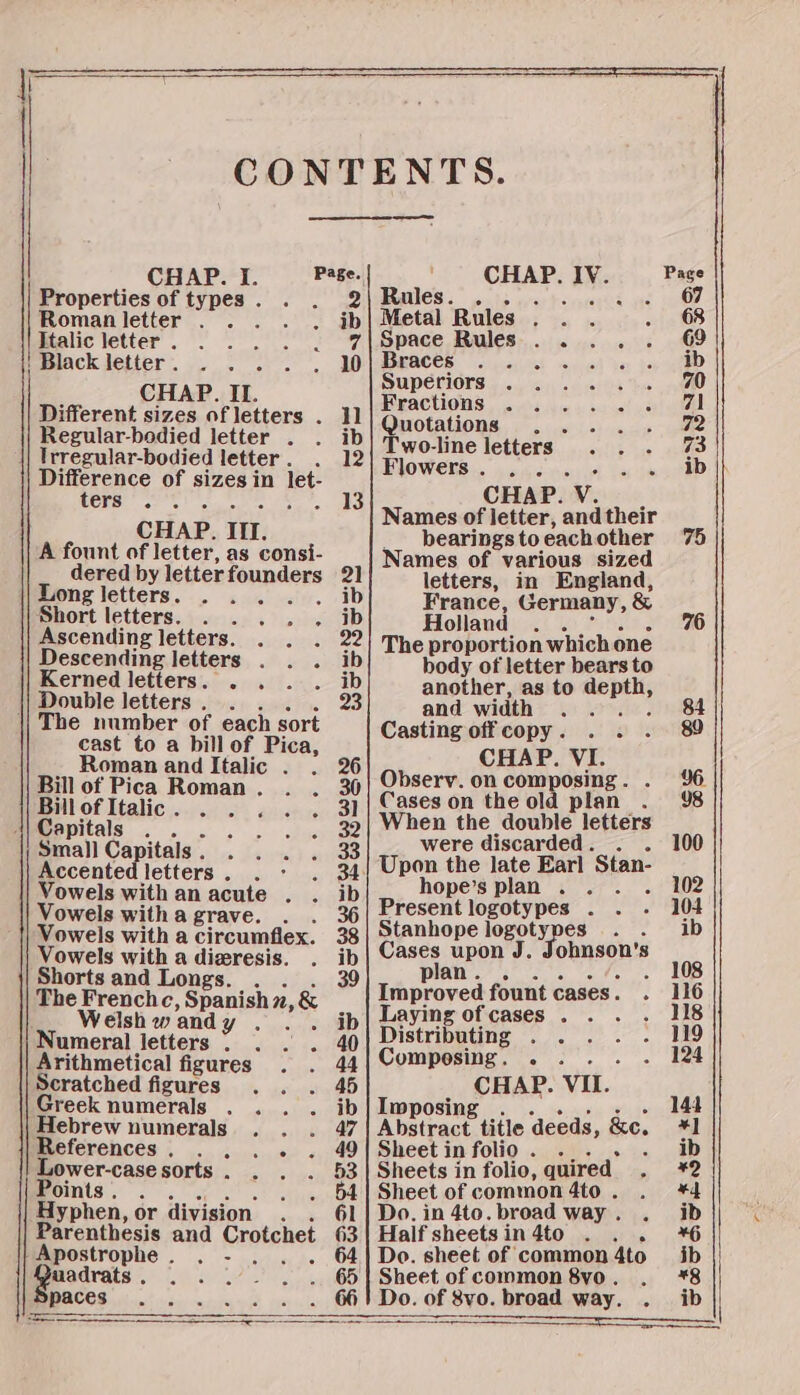 SS PLE ES [PEErEStPEore? Besssszes CHAP. I. Page. Properties of types . 2 Roman letter . . ib Malic letter. 00 2 ay ' Black letter . 10 CHAP. II. Different sizes ofletters . 1 Regular-bodied letter . ib Trregular-bodied letter . 12 Difference of sizes in let- ters . Pape) CHAP. Ill. A fount of letter, as consi- dered by letter soupslees 2) Long letters. a dats ib Short letters. - ib Ascending letters. 22 Descending letters . . . ib Kerned letters. . . . ib Double letters . 23 The number of each sort cast to a billof Pica, Roman and Italic . 20 Bill of Pica Roman . 30 BilloflItalic. . . . al Capitals .. Pee 32 Small Capitals . 33 Accented letters . . 34 Vowels with an acute : ib Vowels with a grave. 36 Vowels with a circumflex. 38 Vowels with a dizresis. ib Shorts and Longs. . . 39 The Frenche, Spanish, Welsh w and rasa ib Numeral letters ~ 40 Arithmetical figures 44 Scratched figures 45 reek numerals ib Hebrew numerals 47 References. . . .. . 49 Lower-case sorts . 63 Points . 54 Hyphen, or division. 61 Parenthesis and Crotchet 63 Apostrophe. . - 64 aadrats . Shes 65 paces CHAP. IV. PRICES so oun ta: aurer Peleg eres Metal Rules . Space Rules . . Braces. 5 i « Superiors Fractions Quotations Q Two-line letters Flowers. . . .. CHAP. V. Names of letter, and their bearings to each other Names of various sized letters, in England, France, Germany, &amp; Holland . . The proportion which one body of letter bears to another, as to et and width Casting offcopy. . . CHAP. VI. Observ. on composing . Cases on the old plan . When the double: letters were discarded . e . * ee hope’s plan . Present logotypes . Stanhope logotypes Cases upon J. ohnson's plan . ; Improved fount cases. Laying of cases . Distributing . . Composing. . CHAP. VII. Imposing Abstract. title ‘deeds, &amp;e. Sheet in folio. ._. ss Sheets in folio, quired ‘ Sheet of common 4to . Do. in 4to. broad way . Half sheetsin4to ... Do. sheet of common 4to Sheet of common 8vo . Do. of 8vo. broad way. . a a a a CS —————Se ee — ee