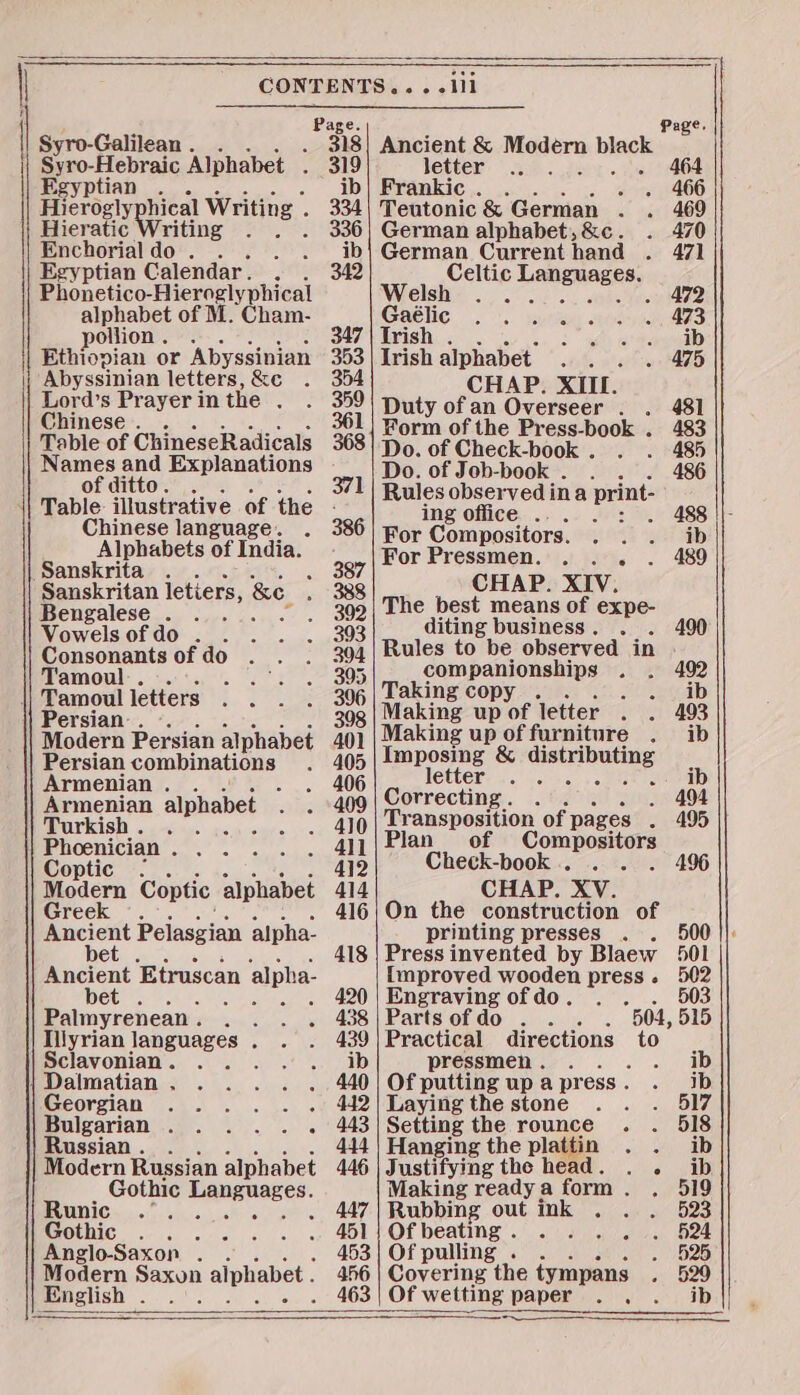 ——— | Page. | Syro-Galilean . . 318 Syro-Hebraic Alphabet . 319 Egyptian .. ib ee EES ical Writing 334 Hieratic Writing 4 336 Enchorialdo . . si ib Egyptian Calendar. . . 342 Phonetico-Hieroglyphical alphabet of M. Cham- pollion. . 347 Ethiopian or Abyssinian 353 Abyssinian letters, &c 354 Lord’s Prayer in the . 359 Chinese... 361 Table of ChineseRadicals 368 Names and Explanations of ditto. . 371 || Table illustrative of the - Chinese language. . 386 Alphabets of India. Sanskrita . 387 Sanskritan letiers, &e. 388 Bengalese . 392 Vowels of do . 393 Consonants of do 304 Tamoul... 395 || Tamoul letters 396 Persian. -. 398 Modern Persian alphabet 401 Persian combinations 405 Armenian. . 406 Armenian alphabet 409 Turkish 410 Phoenician . . 41 Coptic < 412 Modern Coptic alphabet 414 Greek 416 Ancient Potaszian alpha- € 418 Ancient Etruscan alpha- bet . 420 Palmyrenean . 3 438 Illyrian japanese 5 439 Sclavonian . : ib Dalmatian . 440 Georgian «hee oe ee Bulgarian. . . . . . 443 Russian. . 444 Modern Russian alphabet 446 Goth ic Hguigeeces Runic .’. Bee) perio, AAP Gothic... .-. 451 Anglo-Saxon .. 453 Modern pon alphabet. 46 English . . 463 letter 464 Frankic . ‘ 466 Teutonic & German . 469 German alphabet, &c. 470 German Current hand 471 Celtic Languages. Wielshie 0 Se sinew? Gaelic. 7. eune 473 Trish . . ib Irish alphabet 475 CHAP. XIII. Duty of an Overseer . 481 Form of the Press-book . re Do. of Check-book . Do. of Job-book . . 3 496 Rules observed i ina pits ing office . . 488 For Compositors. ib For Pressmen. . . . 489 CHAP. XIV. The best means of expe- diting business . 490 Rules to be observed in . companionships 492 Taking copy . . ib Making up of letter 493 Making up of furniture ib Imposing & scab es: letter .. ib Correcting . g . 404 Transposition of pages . 495 Plan of Se Check-book .. 496 CHAP. XV. On the construction of printing presses 500 Press invented by Blaew 501 {mproved wooden press. 502 Engraving of do. 503 Parts of do . 504, 515 Practical directions te pressmen. . ib Of putting up a press . ib Laying the stone 517 Setting the rounce . 518 Hanging the plattin . . ib Justifying the head. . . ib Making ready a form . 519 Rubbing out ink . 523 Of beating. . é 524 Of pulling . 525 Covering the tympans 529 Of wetting paper . , ib