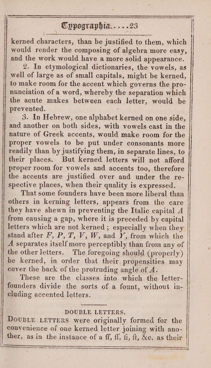 kerned characters, than be justified to them, which would render the composing of algebra more easy, and the work would have a more solid appearance. 2. In etymological dictionaries, the vowels, as well of large as of small capitals, might be kerned, to make room for the accent which governs the pro- nunciation of a word, whereby the separation which the acute makes between each letter, would be prevented. : 3. In Hebrew, one alphabet kerned on one side, and another on both sides, with vowels cast in the nature of Greek accents, would make room for the proper vowels to be put under consonants more their places. But kerned letters will not afford proper room for vowels and accents too, therefore the accents are justified over and under the re- spective places, when their quality is expressed. That some founders have been more liberal than others in kerning letters, appears from the care | from causing a gap, where it is preceded by capital letters which are not kerned ; especially when they A separates itself more perceptibly than from any of the other letters. The foregoing should (properly) be kerned, in order that their propensities may cover the back of the protruding angle of A. These are the ciasses into which the letter- founders divide the sorts of a fount, without in- cluding accented letters. DOUBLE LETTERS. DouBLE LETTERS were originally formed for the convenience of one kerned letter joining with ano- ther, asin the instance of a ff, ff, fi, ft, &amp;c. as their |
