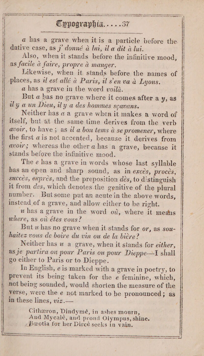 | | ‘ dative case, as j’ donné @ lui, ila dit &amp; lui. Also, when it stands before the infinitive mood as facile a faire, propre &amp; manger. Likewise, when it stands before the names of places, as a est allé d Paris, il s’en va &amp; Lyons. a has a grave in the word voila. But a has no grave where it comes after a y, as iy aun Dieu, ily a des hommes SCAUANS. Neither has aa grave when it makes a word of itself, but at the same time derives from the verb avoir, to have; as il a bon tems &amp; se promener, where the first ais not accented, because it derives from avow ; whereas the other a has a grave, because it stands before the infinitive mood. The e has a grave in words whose last syllable has an open and sharp sound, as in exces, proces, succes, expres, and the preposition dés, to distinguish it from des, which denotes. the genitive of the plural number. Butsome put an acutein the above words, instead of a grave, and allow either to be right. wz has a grave in the word ov, where it medus where, as ov étes vous? But wu has no grave when it stands for or, as sou- haitez vous de boire du vin ou de la biére? Neither has w a grave, when it stands for either, as je partira ow pour Paris ou pour Dieppe—I shall go either 1o Paris or to Dieppe. In English, eis marked with a grave in poetry, to prevent its being taken for the e feminine, which, not being sounded, would shorien the measure of the verse, were the e not marked to be pronounced; as in these lines, viz.— a Citheron, Dindymé, in ashes mourn, And Mycalé, and prond Olympus, shine. -®eotia for her Dircé seeks in vain.