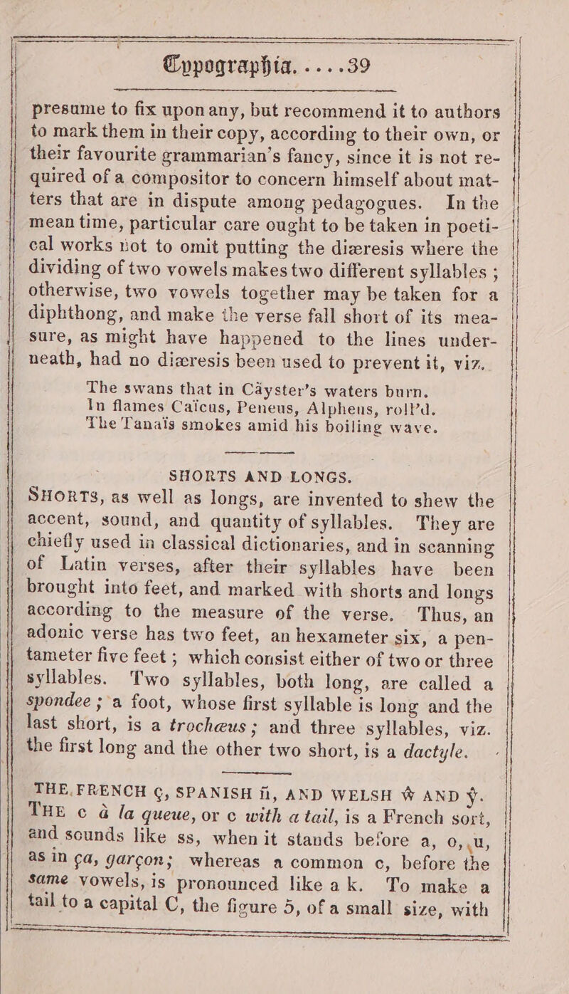 SE SE OE ET ON OE OFS CREE CEES presume to fix uponany, but recommend it to authors to mark them in their copy, according to their own, or their favourite grammarian’s fancy, since it is not re- quired of a compositor to concern himself about mat- ters that are in dispute among pedagogues. In the mean time, particular care ought to be taken in poeti- cal works not to omit putting the diwresis where the dividing of two vowels makes two different syllables ; otherwise, two vowels together may be taken for a diphthong, and make the verse fall short of its mea- sure, as might have happened to the lines under- The swans that in Cayster’s waters burn. In flames Caicus, Peneus, Alphens, rolPd. The Tanais smokes amid his boiling wave. SHORTS AND LONGS. SHORTS, as well as longs, are invented to shew the accent, sound, and quantity of syllables. They are chiefly used in classical dictionaries, and in scanning of Latin verses, after their syllables have been brought into feet, and marked with shorts and longs according to the measure of the verse. Thus, an adonic verse has two feet, an hexameter six, a pen- tameter five feet ; which consist either of two or three syllables. Two syllables, both long, are called a spondee ; a foot, whose first syllable is long and the last short, is a trocheus ; and three syllables, viz. the first long and the other two short, is a dactyle. THE, FRENCH ©, SPANISH fi, AND WELSH W AND y- THE c 4G la queue, or c with a tail, is a French sort, and sounds like ss, when it stands before a, 0,.U, as in ¢4, garcon; whereas a common c, before the same vowels, is pronounced like ak. To make a tail to a capital C, the figure 5, of a small size, with ER A wee op ana stmnO UNAS EROS!