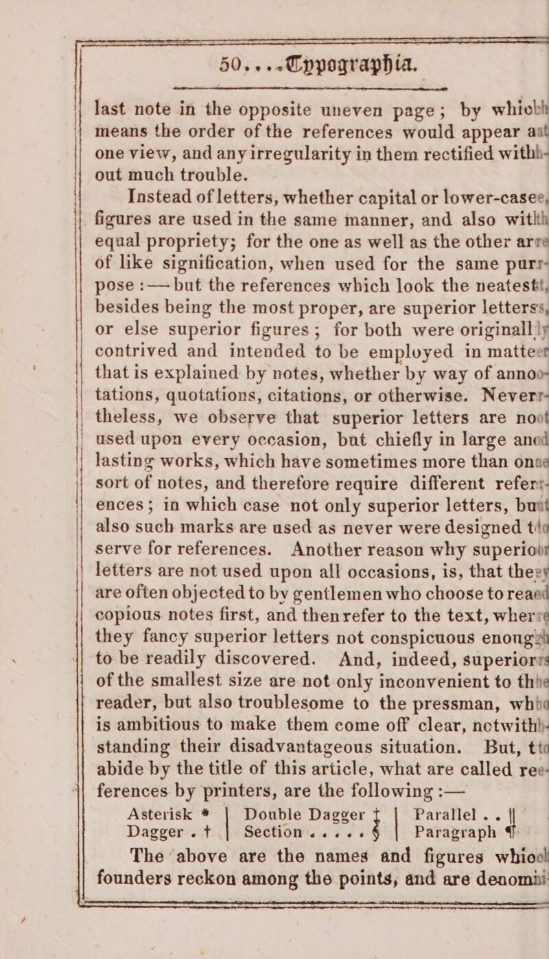 last note in the opposite uneven page; by whicbh means the order of the references would appear aat one view, and any irregularity in them rectified withh- out much trouble. Instead of letters, whether capital or lower-casee, figures are used in the same manner, and also witlth equal propriety; for the one as well as the other arre of like signification, when used for the same purr- pose :—but the references which look the neatestt, besides being the most proper, are superior letterss, or else superior figures; for both were originally contrived and intended to be employed in matteer that is explained by notes, whether by way of annoo- tations, quotations, citations, or otherwise. Neverr- theless, we observe that superior letters are noot used upon every occasion, but chiefly in large and lasting works, which have sometimes more than onne sort of notes, and therefore require different refers- ences ; in which case not only superior letters, buut also such marks are used as never were designed tio serve for references. Another reason why superiov letters are not used upon all occasions, is, that theey are often objected to by gentlemen who choose to reaed copious notes first, and thenrefer to the text, wherre they fancy superior letters not conspicuous enoug™ to be readily discovered. And, indeed, superiorrs of the smallest size are not only inconvenient to thie reader, but also troublesome to the pressman, whho is ambitious to make them come off clear, netwith)- standing their disadvantageous situation. But, tt abide by the title of this article, what are called ree- ferences by printers, are the following :— Asterisk * Double Dagger Parallel .. | Dagger. t Section ...e-6 Paragraph