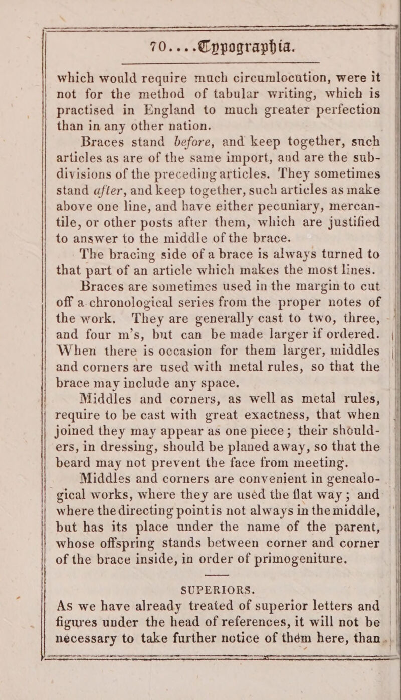 which would require much circumlocution, were it not for the method of tabular writing, which is practised in England to much greater perfection than in any other nation. Braces stand before, and keep together, snch articles as are of the same import, and are the sub- divisions of the preceding articles. They sometimes stand after, and keep together, such articles as make above one line, and have either pecuniary, mercan- tile, or other posts after them, which are justified to answer to the middle of the brace. The bracing side of a brace is always turned to that part of an article which makes the most lines. Braces are sometimes used in the margin to cut off a.chronological series from the proper notes of and four m’s, but can be made larger if ordered. When there is occasion for them larger, middles brace may include any space. Middles and corners, as well as metal rules, ers, in dressing, should be planed away, so that the beard may not prevent the face from meeting. Middles and corners are convenient in genealo- but has its place under the name of the parent, whose offspring stands between corner and corner of the brace inside, in order of primogeniture. SUPERIORS. As we have already treated of superior letters and figures under the head of references, it will not be I !