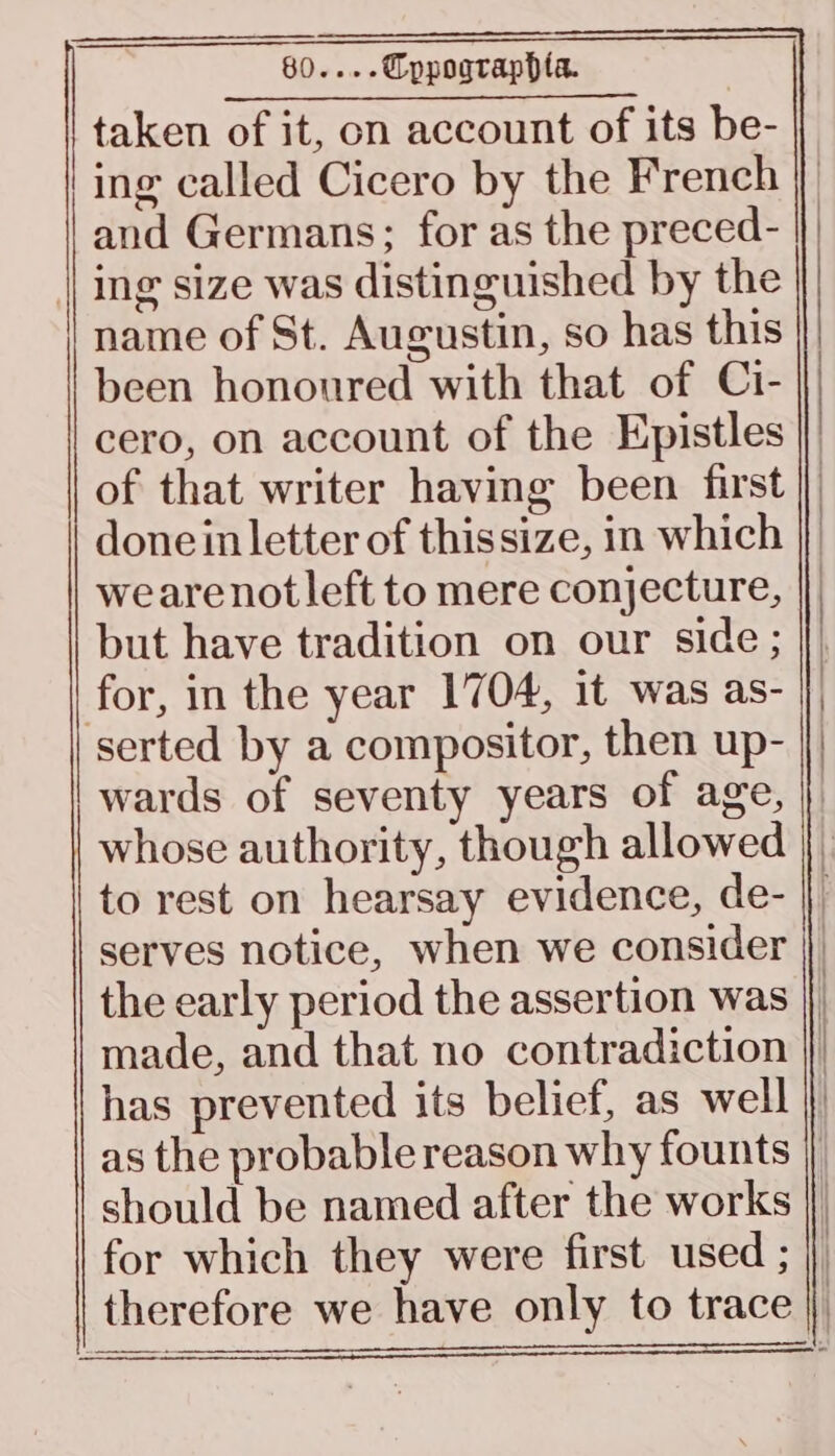 80....@ppograppia. taken of it, on account of its be- ing called Cicero by the French | and Germans; for as the preced- ing size was distinguished by the name of St. Augustin, so has this been honoured with that of Ci- cero, on account of the Epistles }/ of that writer having been first |) done in letter of thissize, in which |} wearenotleft to mere conjecture, but have tradition on our side; serted by a compositor, then up- || wards of seventy years of age, |) whose authority, though allowed |, to rest on hearsay evidence, de- |, serves notice, when we consider |) the early period the assertion was || made, and that no contradiction |} has prevented its belief, as well |. as the probable reason why founts | should be named after the works || for which they were first used ; |) therefore we have only to trace |,