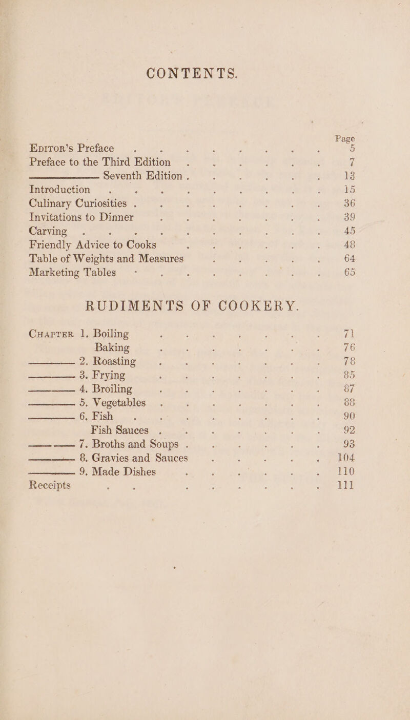 CONTENTS. Eprror’s Preface. Preface to the Third Baitiow Seventh Edition . Introduction : : : Culinary Curiosities . Invitations to Dinner Carving Friendly waves to Cooks” Table of Weights and Measures Marketing Tables , Cuaprer 1, Boiling Baking 2. Roasting 3. Frying 4, Broiling ————. 5. Vegetables see. 6,, Pish Fish Sauces ees 7 Brothsiand Soups .. 8. Gravies and Sauces 9, Made Dishes Receipts 76 88 90 104 110 VII