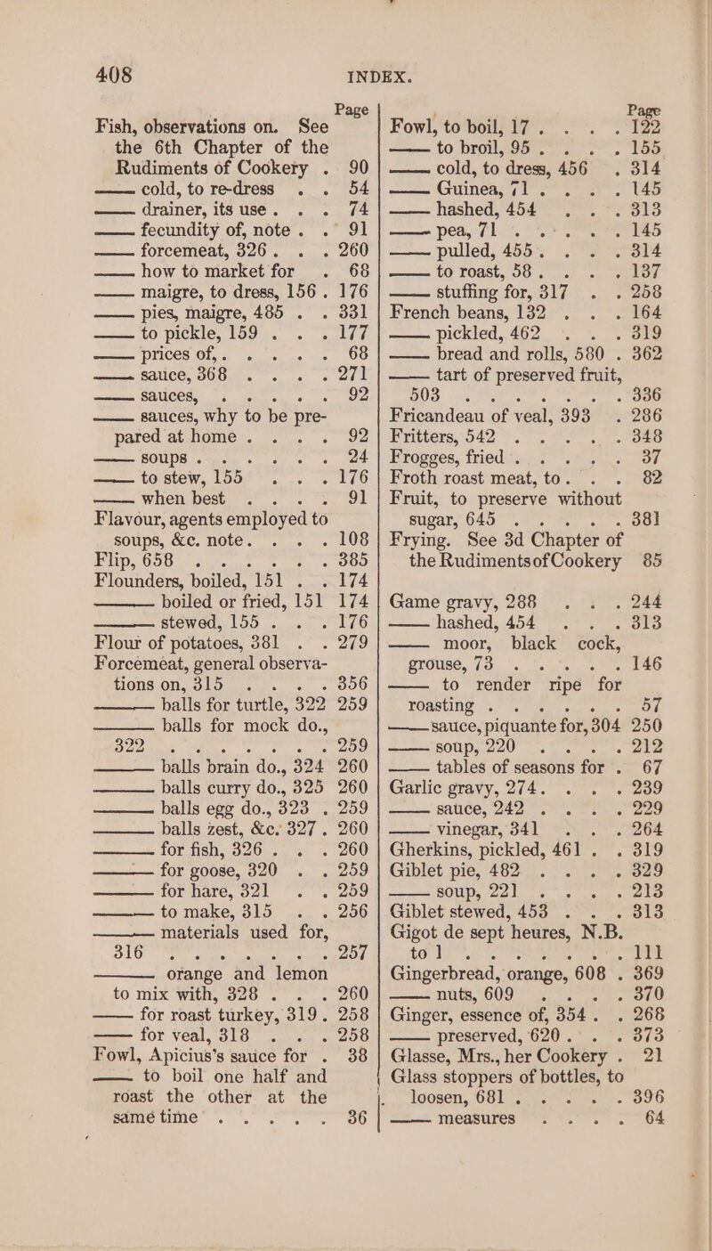 Fish, observations on. See the 6th Chapter of the Rudiments of Cookery . cold, to re-dress drainer, its use . fecundity of, note . forcemeat, 326. how to market for maigre, to dress, 156 . pies, maigre, 485 . to pickle, 159 . omene prices Of, . —— sauce, 368 =e SAUCES, 5 sauces, why to be pre- pared at home . soups . —— to stew, hae when best Flavour, agents employed to soups, &amp;c. note. IMD GOB) lon os : Flounders, boiled, 151 tunes boiled or fried, 151 stewed, 155. . Flour of potatoes, 381 Forceméat, general observa- tions on, 315. balls for turtle, 329 balls for mock do., Dag aie ss ase balls brain do., 324 balls curry do., 325 balls egg do., 323 . balls zest, &amp;c. 327 . for fish, 326 . for goose, 320 for hare, 321 to make, 315 materials used for, 316 orange and lemon to mix with, $28 . . for roast turkey, 319. —— for veal, 318 ; Fowl, Apicius’s sauce for . to boil one half and roast the other at the samé time Page ; R * | Fowl, to boil, 17 . 12 ——tobroill,95. . . , 155 90 | —— cold, to dress, 456 . 314 54 | —— Guinea, 71. - . 145 74 | —— hashed, 454 pols 91 pea, 7h: 2% » 145 260 | —— pulled, 455. . 314 68 to roast, 58 . ov 176 stuffing for, 317 . 258 331 | French beans, 132 . 164 177 pickled,.462. ~ . . 319 68 bread and rolls, 580 . 362 271 | —— tart of preserved fruit, 92 DOS os ahs a, eat ene os eee Fricandeau of veal, 393. 286 92 | Fritters, 542 . 348 24 | Frogges, fried . 37 176 | Froth roast meat, to. 82 91 | Fruit, to preserve without sugar, 645 . . 38] . 108 | Frying. See 3d Chapter of 385 the RudimentsofCookery 85 174 174 | Game gravy, 288 . 244 176 hashed, 454 . . . 313 279 moor, black cock, grouse, 73 A chy 146 . 356 to render ripe “for 259 roasting . . 57 sauce, piquante for, 304 250 259 soup, 2 opis oe 260 tables of seasons for . 67 260 | Garlic gravy, 274. 239 259 sauce, 242 229 260 vinegar, 341 . . . 264 260 | Gherkins, pickled, 461 . . 319 259 | Giblet pie, 482 aiyee ooo 259 soup, 22] . 213 256 | Giblet stewed, 453 . . . 313 vibe de sept heures, N.B. 257 only Sg i ee ne. orange, 608 . 369 . 260 nits, 609 25, . 370 258 | Ginger, essence of, ayn 266 . 258 preserved, 620 . 373 38 | Glasse, Mrs.,her Cookery . 21 Glass stoppers of bottles, to |. loosen, 681 . 396 36 measures 64