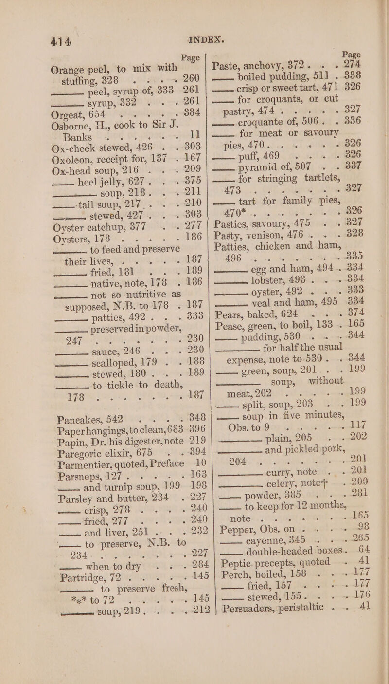 _. Page Page Orange peel, to mix with Paste, anchovy, 372. . « 2/4 sgl 328 . 260 | —— boiled pudding, 51] . 338 peel, syrup of, 333, 261 crisp or sweet tart, 471 326 syrup, 882... . 261 for croquants, or cut Orgedt, 654 (5 . 384 pastry, 474. . Sees | Osborne, 41., cook to Sir Ke croquante of, 506 . . 336 Banks . : 1] for meat or savoury Ox-cheek stewed, 426 a _ 303 arises B70.o ns elie Ae Oxoleon, receipt for, 139 --.-1-67 puff, 469 . . . » 326 Ox-head soup, 216 . . . 209 | —— pyramid of, 507. .. Bad heel jelly, 627... . 375 for stringing tartlets, soup, 218 wo. 211 473... . 327 -tail’soup, 217... -. 210 tart for family pies Se stewedf427 (20% --.-3038 EHO cs » 826 Oyster catchup, 877... 277 Pasties, savoury, ATS» cist OT Oysters, 178 . . . . 186 | Pasty, venison, 476. . . 328 to feed and preserve Patties, chicken and ham, their lives, . . . . - 187 496... BOD fried, 181. . 189 egg ‘and ham, 494 . 334 native, note, 178 . 186 lobster, 498 . . . 334 not so nutritive as oyster, 492 . . . 338 supposed, N.B. to 178 . 187 veal and ham, 495 334 patties, 492. . . 333 Pears, baked, 624 . . . 374 preserved in powder, Pease, ereen, to boil, 133 . 165 Dal Soa, 80) 08.230 pudding, 580... -- dad sauce, 246 ee HIZO for half the usual case scalloped, 179%. 88 expense, note to 530. . 344 Lidia BLOWER NBO 02. ekBO green, soup, 201. . 199 —___— to tickle to death, —____—_ soup, without Ter Fors aly, HOE, 10 nse meat, 202 . vonage boo split, soup, 203 re Pancakes, 542 =. 348 | soup in five — Paper hangings, toclean, 683-396 Obs. ton oh. eee | Papin, Dr. his digester,note 219 | ———— plain, 205. ooowamd Paregoric elixir, 675 =. . 394 | ———— and pickled a Parmentier, quoted, Preface 10 DOAK 260 eae 201 Parsneps,127. . - . 163 curry, pnb Gtid anol and turnip soup, 199. 198 | —— celery, note&gt; . 200 Parsley and butter, 234 . 227 | —— powder, 385. Bd ices CHSD, DES HOPS 4240 to keep for 12 months, Piety] Sav 08 PESO note .. . 165 and liver, 251 .. . . 232 | Pepper, Obs. ont. 64 aes to preserve, N. B. to —— cayenne, 345. . 265 284) = em 227 double-headed hoxes.. 64 —— when to dry _ , . 284 | Peptic precepts, quoted - Al Partridge, 72 . . _ 145 | Perch, boiled, 158 . . . 177 aa 0 gs ts  fresh, fried, GK. SAAN Soin) ZZ tx*¥ to 72 - 2 oe oe 145) stewed, 1S tinal ~~ L466 ——emees SOUP, 219. . . . 212 | Persuaders, peristaltic . .. 41