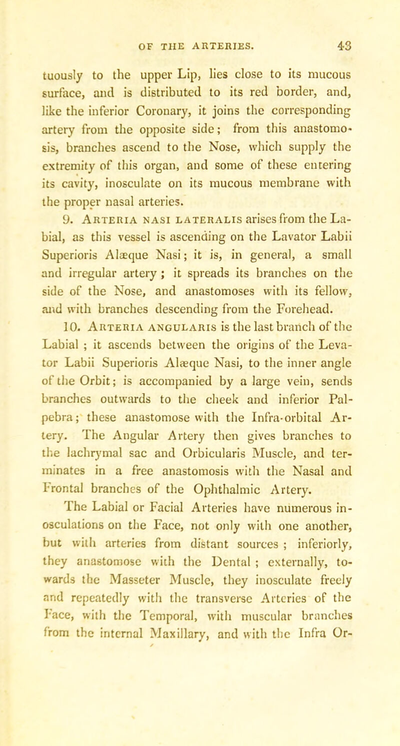 tuously to the upper Lip, lies close to its mucous surface, and is distributed to its red border, and, like the inferior Coronary, it joins the corresponding artery from the opposite side; from this anastomo- sis, branches ascend to the Nose, which supply the extremity of this organ, and some of these entering its cavity, inosculate on its mucous membrane with the proper nasal arteries. 9. Arteria nasi lateralis arises from the La- bial, as this vessel is ascending on the Lavator Labii Superioris Alaeque Nasi; it is, in general, a small and irregular artery ; it spreads its branches on the side of the Nose, and anastomoses with its fellow, and with branches descending from the Forehead. 10. Arteria angularis is the last branch of the Labial ; it ascends between the origins of the Leva- tor Labii Superioris Alaeque Nasi, to the inner angle of the Orbit; is accompanied by a large vein, sends branches outwards to the cheek and inferior Pal- pebra; these anastomose with the Infra-orbital Ar- tery. The Angular Artery then gives branches to the lachrj'mal sac and Orbicularis Muscle, and ter- minates in a free anastomosis with the Nasal and hrontal branches of the Ophthalmic Artery. The Labial or Facial Arteries have numerous in- osculations on the Face, not only with one another, but with arteries from distant sources ; inferiorly, they anastomose with the Dental ; externally, to- wards the Masseter Muscle, they inosculate freely and repeatedly with the transverse Arteries of the Face, with the Temporal, with muscular branches from the internal Maxillary, and with the Infra Or-