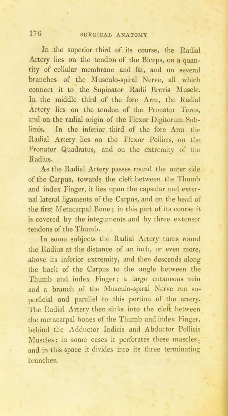 In the superior third of its course, the Radial Artery lies on the tendon of the Biceps, on a quan- tity of cellular membrane and fat, and on several branches of the Musculo-spiral Nerve, all which connect it to the Supinator Radii Brevis Muscle. In the middle third of the fore Arm, the Radial Artery lies on the tendon of the Pronator Teres, and on the radial origin of the Flexor Digilorum Sub- limis. In the inferior third of the fore Arm the Radial Artery lies on the Flexor Pollicis, on the Pronator Quadratus, and on the e'xtremity of the Radius. As the Radial Artery passes round the outer side of the Carpus, towards the cleft between the Thumb and index Finger, it lies upon the capsular and exter- nal lateral ligaments of the Carpus, and on the head of the first Metacarpal Bone; in this part of its course it is covered by the integuments and by three extensor tendons of the Thumb. In some subjects the Radial Artery turns round the Radius at the distance of an inch, or even more, above its inferior extremity, and then descends along the back of the Carpus to the angle between the Thumb and index Finger; a large cutaneous vein and a branch of the Musculo-spiral Nerve run su- perficial and parallel to this portion of the artery. The Radial Artery then sinks into the cleft between the metacarpal bones of the Thumb and index Finger, behind the Adductor Indicis and Abductor Pollicis Muscles; in some cases it perforates these muscles, and in this space it divides into its three terminating branches.