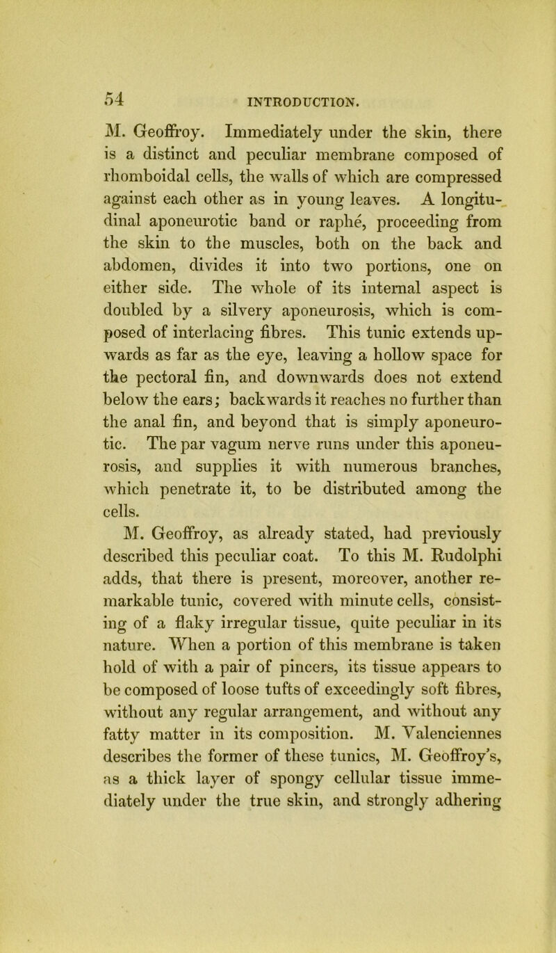 M. Geoffroy. Immediately under the skin, there is a distinct and peculiar membrane composed of rhomboidal cells, the walls of which are compressed against each other as in young leaves. A longitu- dinal aponeurotic band or raphe, proceeding from the skin to the muscles, both on the back and abdomen, divides it into two portions, one on either side. The whole of its internal aspect is doubled by a silvery aponeurosis, which is com- posed of interlacing fibres. This tunic extends up- wards as far as the eye, leaving a hollow space for the pectoral fin, and downwards does not extend below the ears; backwards it reaches no further than the anal fin, and beyond that is simply aponeuro- tic. The par vagum nerve runs under this aponeu- rosis, and supplies it with numerous branches, which penetrate it, to be distributed among the cells. M. Geoffroy, as already stated, had previously described this peculiar coat. To this M. Rudolphi adds, that there is present, moreover, another re- markable tunic, covered with minute cells, consist- ing of a flaky irregular tissue, quite peculiar in its nature. When a portion of this membrane is taken hold of with a pair of pincers, its tissue appears to be composed of loose tufts of exceedingly soft fibres, without any regular arrangement, and without any fatty matter in its composition. M. Valenciennes describes the former of these tunics, M. Geoffroy s, as a thick layer of spongy cellular tissue imme- diately under the true skin, and strongly adhering