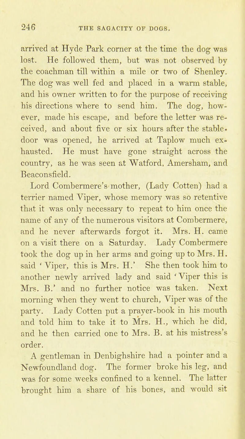 arrived at Hyde Park corner at the time the dog was lost. He followed them, but was not observed bv the coachman till within a mile or two of Shenley. The dog was well fed and placed in a warm stable, and his owner written to for the purpose of receiving his directions where to send him. The dog, how- ever, made his escape, and before the letter was re- ceived, and about five or six hours after the stable- door was opened, he arrived at Taplow much ex- hausted. He must have gone straight across the country, as he was seen at Watford. Amersham, and Beaconsfield. Lord Combermere’s mother, (Lady Gotten) had a teiTier named Viper, whose memory was so retentive that it was only necessary to repeat to him once the name of any of the numerous visitors at Comhermere, and he never afterwards forgot it. Mrs. H. came on a visit there on a Saturday. Lady Comhermere took the dog up in her arms and going up to Mrs. H. said ‘ Viper, this is Mrs. H.’ She then took him to another newly andved lady and said ‘ Viper this is Mrs. B.’ and no further notice was taken. Next morning when they went to church. Viper was of the party. Lady Gotten put a prayer-hook in his mouth and told him to take it to Mrs. H., which he did, and he then carried one to Mrs. B. at his mistress’s order. A gentleman in Denbighshire had a pointer and a Newfoundland dog. The former broke his leg, and was for some weeks confined to a kennel. The latter brought him a share of his hones, and would sit