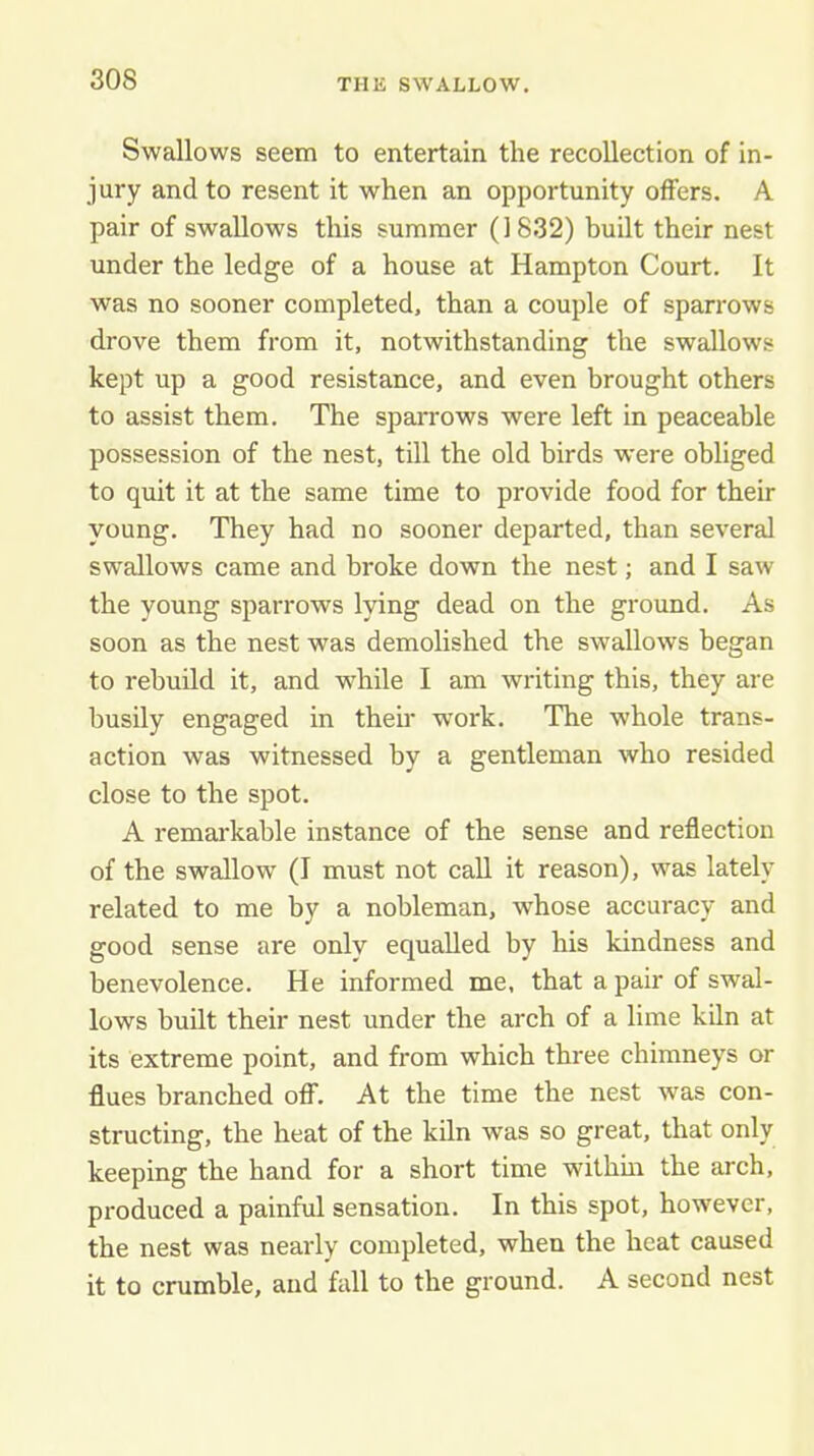 Swallows seem to entertain the recollection of in- jury and to resent it when an opportunity offers. A pair of swallows this summer (1832) built their nest under the ledge of a house at Hampton Court. It was no sooner completed, than a couple of sparrows drove them from it, notwithstanding the swallows kept up a good resistance, and even brought others to assist them. The sparrows were left in peaceable possession of the nest, till the old birds were obliged to quit it at the same time to provide food for their young. They had no sooner departed, than several swallows came and broke down the nest; and I saw the young sparrows lying dead on the ground. As soon as the nest was demolished the swallows began to rebuild it, and while I am writing this, they are busily engaged in their work. The whole trans- action was witnessed by a gentleman who resided close to the spot. A remarkable instance of the sense and reflection of the swallow (I must not call it reason), was lately related to me by a nobleman, whose accuracy and good sense are only equalled by his kindness and benevolence. He informed me, that a pair of swal- lows built their nest under the arch of a lime kdn at its extreme point, and from which three chimneys or flues branched ofl^. At the time the nest was con- structing, the heat of the kiln was so great, that only keeping the hand for a short time withm the arch, produced a painful sensation. In this spot, however, the nest was nearly completed, when the heat caused it to crumble, and fall to the ground. A second nest