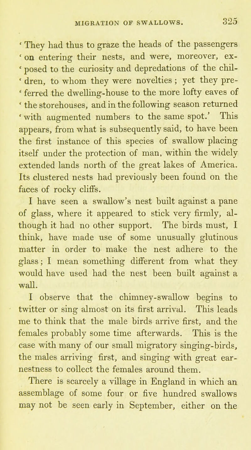 ‘ They had thus to graze the heads of the passengers ‘ on entering their nests, and were, moreover, ex- ‘ posed to the curiosity and depredations of the chil- ‘ dren, to whom they were novelties ; yet they pre- ‘ ferred the dwelling-house to the more lofty eaves of ‘ the storehouses, and in the following season returned ‘ with augmented numbers to the same spot.’ This appears, from what is subsequently said, to have been tbe first instance of this species of swallow placing itself under the protection of man, within the widely extended lands north of the great lakes of America. Its clustered nests had previously been found on the faces of rocky clitfs. I have seen a swallow’s nest built against a pane of glass, where it appeared to stick very firmly, al- though it had no other support. The birds must, I think, have made use of some unusually glutinous matter in order to make the nest adhere to the glass; I mean something different from what they would have used had the nest been built against a wall. I observe that the chimney-swallow begins to twitter or sing almost on its first arrival. This leads me to think that the male birds arrive first, and the females probably some time afterwards. This is the case with many of our small migratory singing-birds, the males arriving first, and singing with great ear- nestness to collect the females around them. There is scarcely a village in England in which an assemblage of some four or five hundred swallows may not be seen early in September, either on the