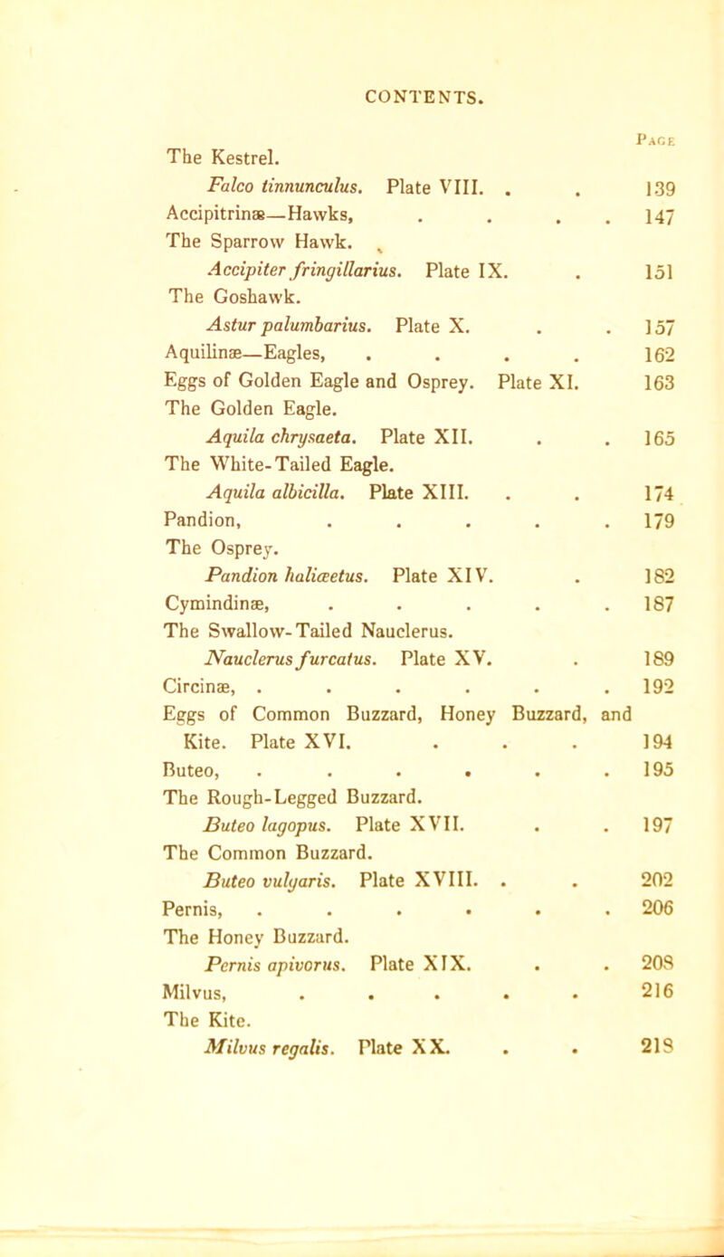 The Kestrel. Page Falco tinnunculus. Plate VIII. . 139 Accipitrinas—Hawks, . 147 The Sparrow Hawk. , Accipiter fringillarius. Plate IX. 151 The Goshawk. Astur palumbarius. Plate X. 157 Aquilinae—Eagles, .... 162 Eggs of Golden Eagle and Osprey. Plate XI. 163 The Golden Eagle. Aquila chrysaeta. Plate XII. . 165 The White-Tailed Eagle. Aquila albicilla. Plate XIII. 174 Pandion, .... . 179 The Osprey. Pandion haliaetus. Plate XIV. 182 Cymindinae, .... . 187 The Swallow-Tailed Nauclerus. Nauclerus furcatus. Plate XV. 189 Circinse, ..... . 192 Eggs of Common Buzzard, Honey Buzzard, and Kite. Plate XVI. 194 Buteo, ..... . 195 The Rough-Legged Buzzard. Buteo lagopus. Plate XVII. . 197 The Common Buzzard. Buteo vulgaris. Plate XVIII. . 202 Pernis, ..... . 206 The Honey Buzzard. Pernis apivorus. Plate XIX. . 208 Milvus, ..... 216 The Kite. Milvus regalis. Plate XX. 218