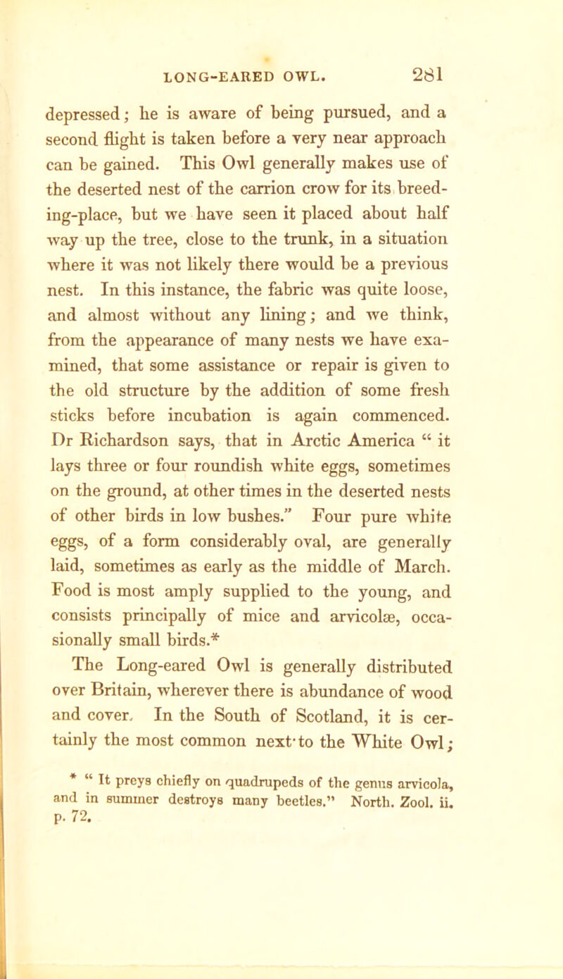 depressed; he is aware of being pursued, and a second flight is taken before a very near approach can he gained. This Owl generally makes use of the deserted nest of the carrion crow for its breed- ing-place, but we have seen it placed about half way up the tree, close to the trunk, in a situation where it was not likely there would be a previous nest. In this instance, the fabric was quite loose, and almost without any lining; and we think, from the appearance of many nests we have exa- mined, that some assistance or repair is given to the old structure by the addition of some fresh sticks before incubation is again commenced. Dr Richardson says, that in Arctic America “ it lays three or four roundish white eggs, sometimes on the ground, at other times in the deserted nests of other birds in low bushes.” Four pure white eggs, of a form considerably oval, are generally laid, sometimes as early as the middle of March. Food is most amply supplied to the young, and consists principally of mice and arvicolae, occa- sionally small birds.* The Long-eared Owl is generally distributed over Britain, wherever there is abundance of wood and cover. In the South of Scotland, it is cer- tainly the most common next-to the White Owl; * “ It preys chiefly on quadrupeds of the genus arvicola, and in summer destroys many beetles.” North. Zool. ii. p. 72.