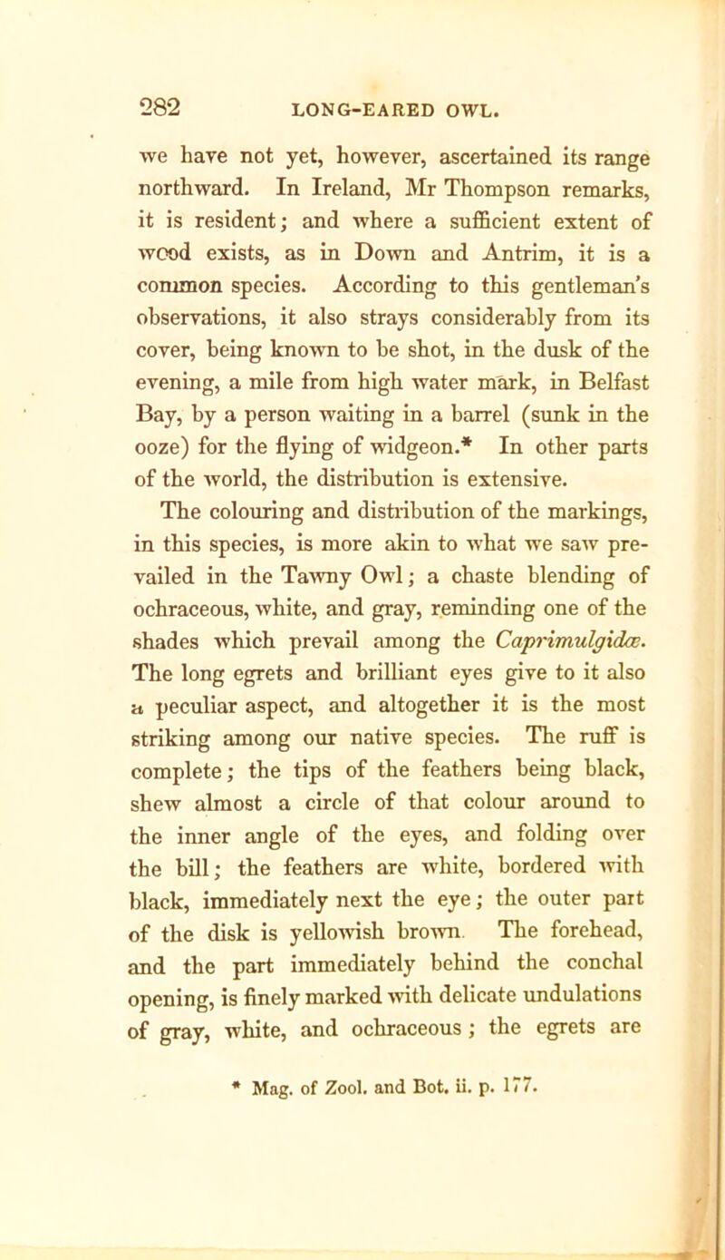 we hare not yet, however, ascertained its range northward. In Ireland, Mr Thompson remarks, it is resident; and where a sufficient extent of wood exists, as in Down and Antrim, it is a common species. According to this gentleman’s observations, it also strays considerably from its cover, being known to be shot, in the dusk of the evening, a mile from high water mark, in Belfast Bay, by a person waiting in a barrel (sunk in the ooze) for the flying of widgeon.* In other parts of the world, the distribution is extensive. The colouring and distribution of the markings, in this species, is more akin to what we saw pre- vailed in the Tawny Owl; a chaste blending of ochraceous, white, and gray, reminding one of the shades which prevail among the Caprimulgidai. The long egrets and brilliant eyes give to it also a peculiar aspect, and altogether it is the most striking among our native species. The ruff is complete; the tips of the feathers being black, shew almost a circle of that colour around to the inner angle of the eyes, and folding over the bill; the feathers are white, bordered with black, immediately next the eye; the outer part of the disk is yellowish brown. The forehead, and the part immediately behind the conchal opening, is finely marked with delicate undulations of gray, white, and ochraceous ; the egrets are Mag. of Zool. and Bot. ii. p. 177.