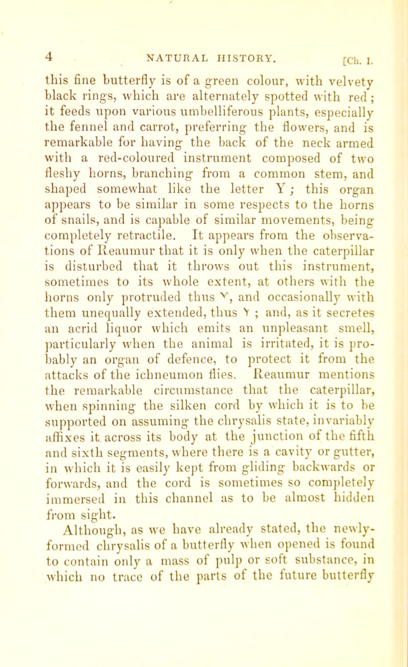 [Ch. I. this fine butterfly is of a green colour, with velvety black rings, which are alternately spotted with red; it feeds upon various umbelliferous plants, especially the fennel and carrot, preferring the flowers, and is remarkable for having the back of the neck armed with a red-coloured instrument composed of two fleshy horns, branching from a common stem, and shaped somewhat like the letter Y; this organ appears to be similar in some respects to the horns of snails, and is capable of similar movements, being completely retractile. It appears from the observa- tions of Reaumur that it is only when the caterpillar is disturbed that it throws out this instrument, sometimes to its whole extent, at others with the horns only protruded thus and occasionally with them unequally extended, thus > ; and, as it secretes an acrid liquor which emits an unpleasant smell, jiarticularly when the animal is irritated, it is pro- bably an organ of defence, to protect it from the attacks of the ichneumon flies. Reaumur mentions the remarkable circumstance that the caterpillar, when spinning the silken cord by which it is to be supported on assuming the chrysalis state, invariably affixes it across its body at the junction of the fifth and sixth segments, where there is a cavity or gutter, in which it is easily kept from gliding backwards or forwards, and the cord is sometimes so completely immersed in this channel as to be almost hidden from sight. Although, as we have already stated, the newly- formed chrysalis of a butterfly when opened is found to contain oidy a mass of pulp or soft substance, in which no trace of the parts of the future butterfly