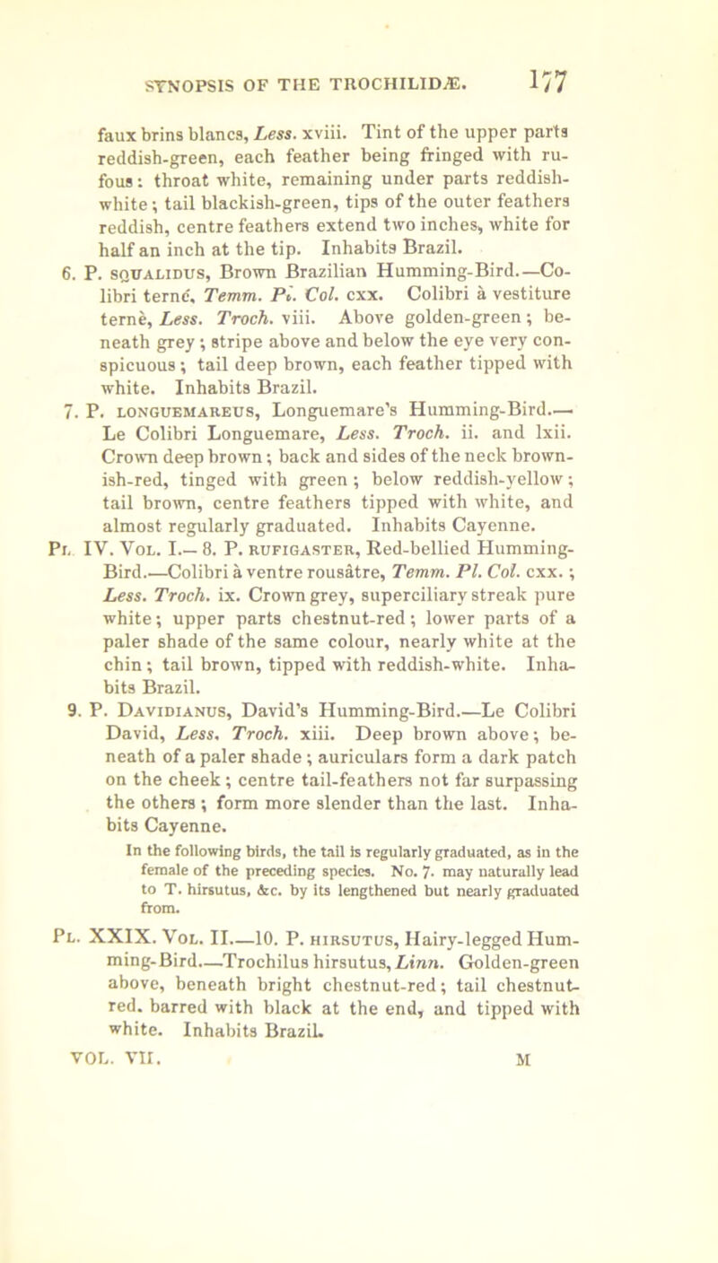 faux brins blancs. Less, xviii. Tint of the upper parta reddish-green, each feather being fringed with ru- fous : throat white, remaining under parts reddish- white ; tail blackish-green, tips of the outer feathers reddish, centre feathers extend two inches, white for half an inch at the tip. Inhabits Brazil. 6. P. squalidus, Brown Brazilian Humming-Bird.—Co- libri terne', Temm. Pi. Col. cxx. Colibri a vestiture terne, Less. Troch. viii. Above golden-green ; be- neath grey ; stripe above and below the eye very con- spicuous ; tail deep brown, each feather tipped with white. Inhabits Brazil. 7. P. longuemareus, Longuemare's Humming-Bird.— Le Colibri Longuemare, Less. Troch. ii. and lxii. Crown deep brown; back and sides of the neck brown- ish-red, tinged with green ; below reddish-yellow; tail brown, centre feathers tipped with white, and almost regularly graduated. Inhabits Cayenne. Pi, IV. Vol. I.— 8. P. rufigaster, Red-bellied Humming- Bird.—Colibri a ventre rousatre, Temm. PI. Col. cxx. -, Less. Troch. ix. Crown grey, superciliary streak pure white; upper parts chestnut-red; lower parts of a paler shade of the same colour, nearly white at the chin; tail brown, tipped with reddish-white. Inha- bits Brazil. 9. P. Davidianus, David’s Humming-Bird.—Le Colibri David, Less. Troch. xiii. Deep brown above; be- neath of a paler shade ; auriculars form a dark patch on the cheek; centre tail-feathers not far surpassing the others ; form more slender than the last. Inha- bits Cayenne. In the following birds, the tail is regularly graduated, as in the female of the preceding species. No. 7- may naturally lead to T. hirsutus, Ac. by its lengthened but nearly graduated from. Pl. XXIX. Vol. II—10. P. hirsutus. Hairy-legged Hum- ming-Bird.—Trochilus hirsutus, Linn. Golden-green above, beneath bright chestnut-red; tail chestnut- red. barred with black at the end, and tipped with white. Inhabits Brazil. VOL. VII. M