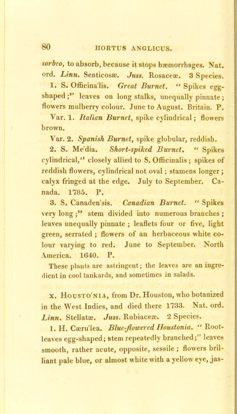 sorbeo, to absorb, because it stops haemorrhages. Nat. ord. Linn. Senticosae. Juss. Rosaceae. 3 Species. 1. S. Officina'lis. Great Burnet. “ Spikes egg- shaped leaves on long stalks, unequally pinnate; flowers mulberry colour. June to August. Britain. P. Var. 1. Italian Burnet, spike cylindrical; flowers brown. Var. 2. Spanish Burnet, spike globular, reddish. 2. S. Me'dia, Short-spiked Bw'net, “ Spikes cylindrical,” closely allied to S. Officinalis; spikes of reddish flowers, cylindrical not oval; stamens longer; calyx fringed at the edge. July to September. Ca- nada. 1785. P. 3. S. Canaden'sis. Canadian Burnet. ” Spikes very long stem divided into numerous branches ; leaves unequally pinnate ; leaflets four or five, light green, serrated ; flowers of an herbaceous white co- lour varying to red. June to September. North America. 1640. P. These plants are astringent; the leaves are an ingre- dient in cool tankards, and sometimes in salads. X. Housto'nia, from Dr. Houston, who botanized in the West Indies, and died there 1733. Nat. ord. Linn. Stellatae. Juss. Rubiacea;. 2 Species. 1. H. Caeru'lea. Blue-flowered Houstonia. “ Root- leaves egg-shaped; stem repeatedly branched;” leaves smooth, rather acute, opposite, sessile ; flowers bril- liant pale blue, or almost white with a yellow eye, jas-